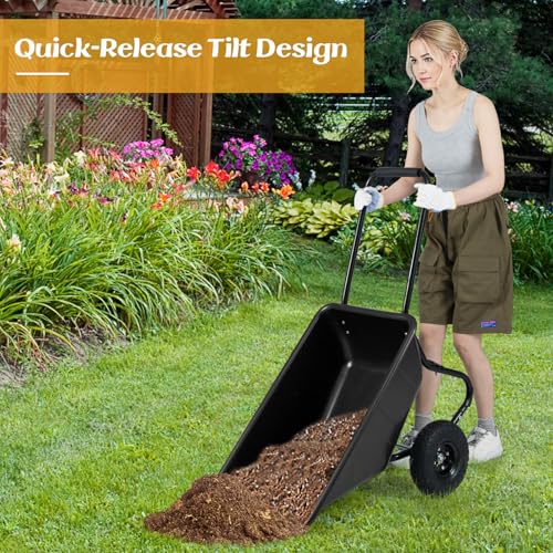Image of Goplus 2 Wheel Wheelbarrow, 330 LBS Utility Garden Cart with 10 inch Pneumatic Tires & Handle, 21 Gal Volume, Yard Dump Cart Wheel Barrow, Heavy Duty Wheel Barrow for Lawn (Black Handle+Black Cart)