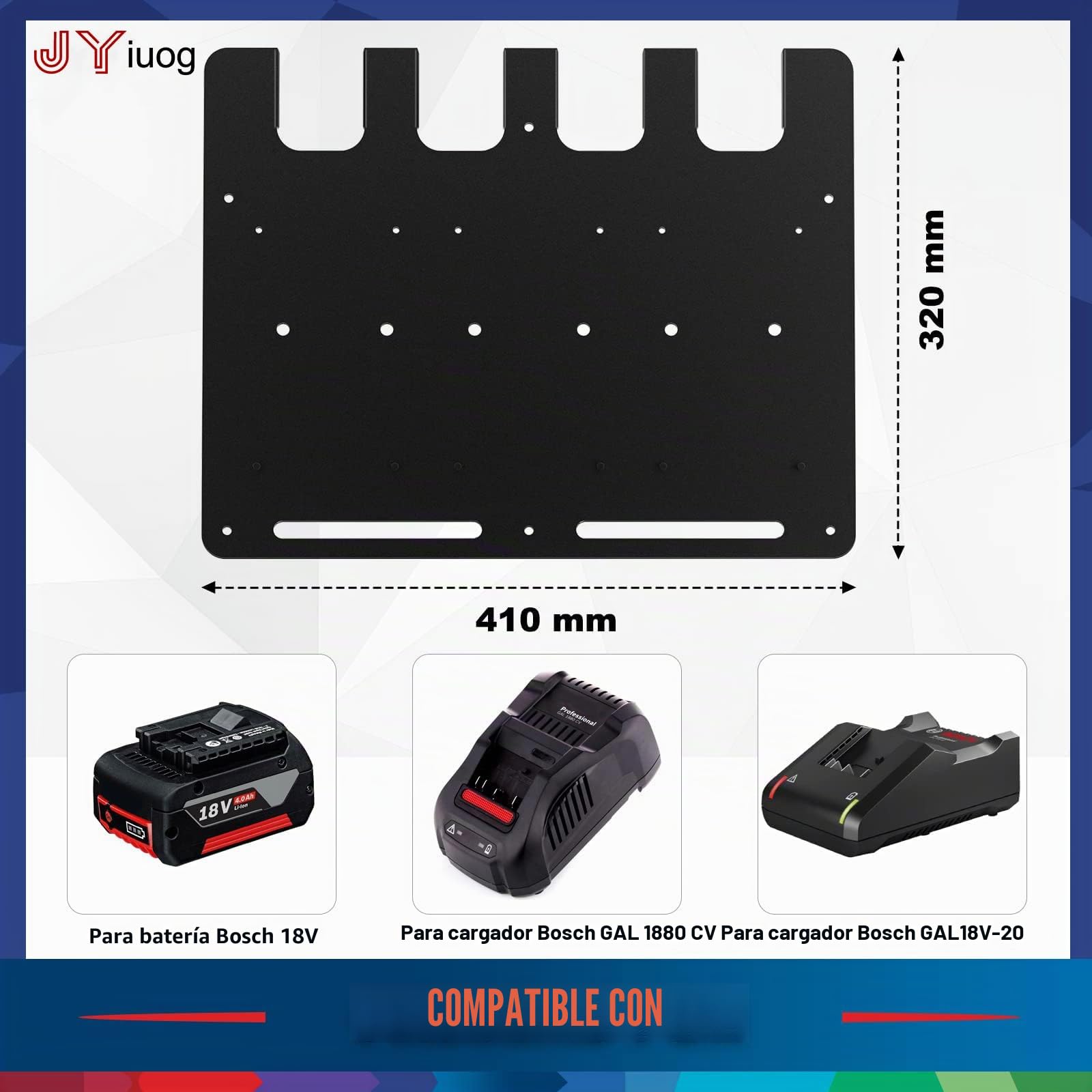 Soporte de pared para batería Bosch y cargadores de pared | Soporte estable para 4 baterías y cargador | para Bosch 3xGAL 1880 CV y 3xGAL 18V-20 |