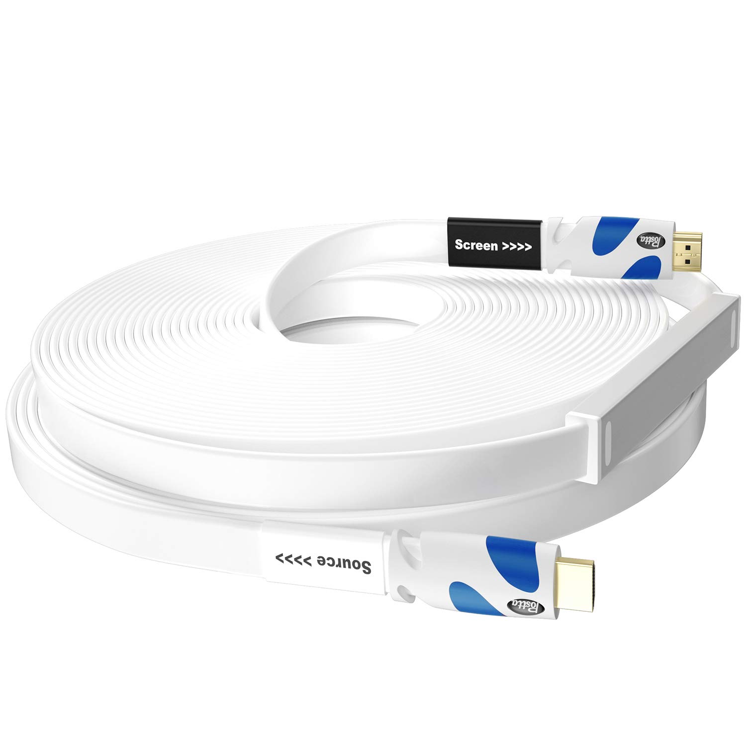 Postta Cable HDMI plano de 75 pies, cable HDMI 2.0 plano con amplificador de señal integrado, compatible con 4K, 3D, 1080p, Ethernet y retorno de audio, color blanco y azul