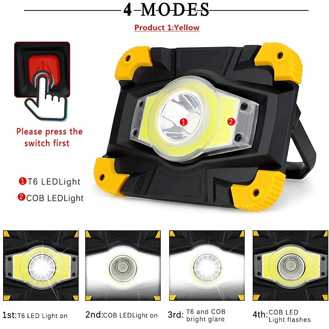 Akumulatorowa lampa robocza, reflektor LED 10 W, przenośna lampa kempingowa USB, wodoodporny reflektor budowlany IP65, 4 tryby oświetlenia do wędrówek, wędkowania i podróży samochodem