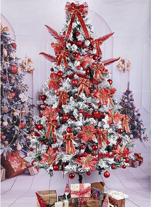 109pcs Christmas Tree Decorations Set, Bow Tree Topper, Glitter Poinsettia, Baubles, Bows, Snowflakes, Christmas Ball Ornaments, Shatterproof Seasonal Décor Hanging Baubles for Xmas Tree (Red)