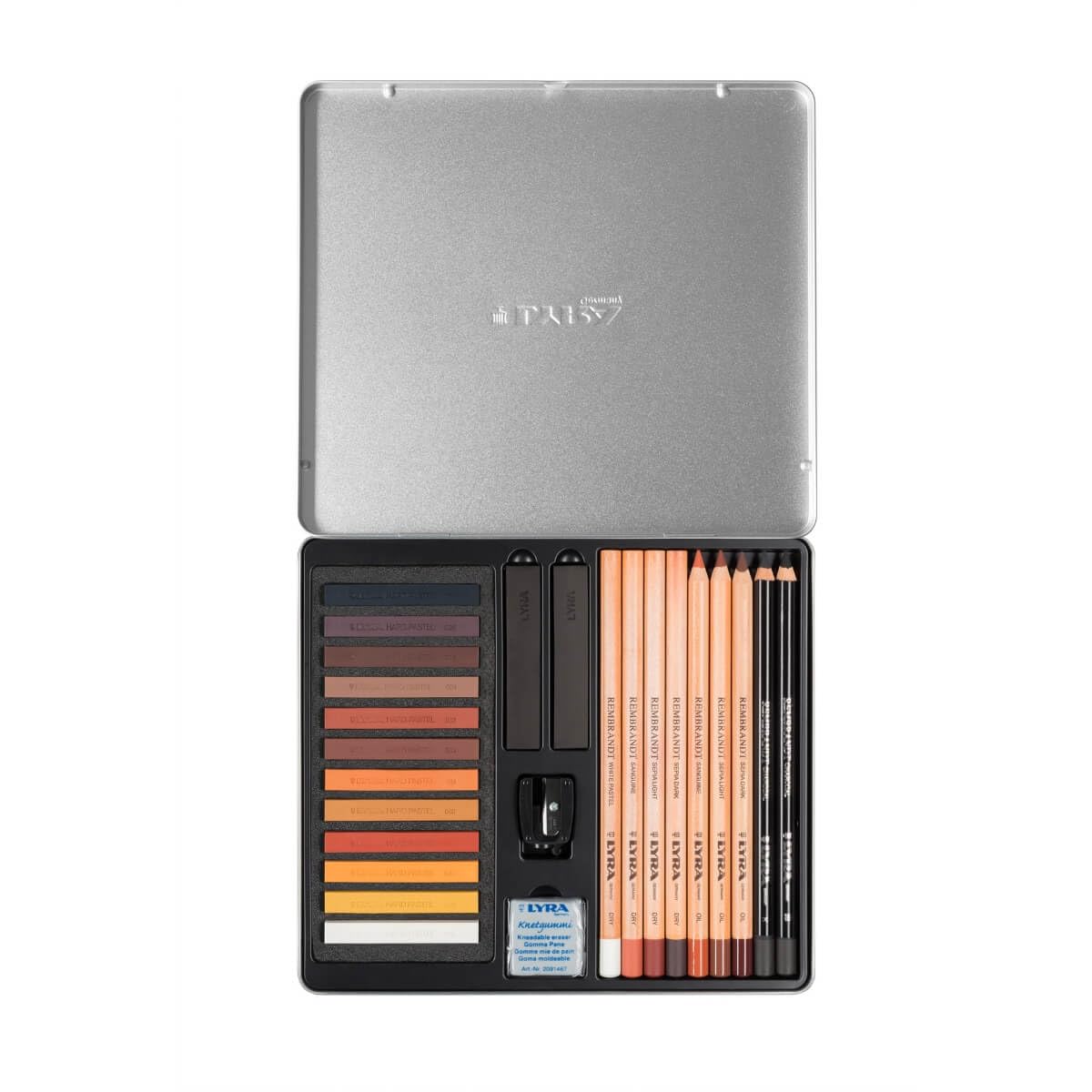 Lyra - Metal box of pastels and sketching pencils brown tones + accessories - 25 pieces