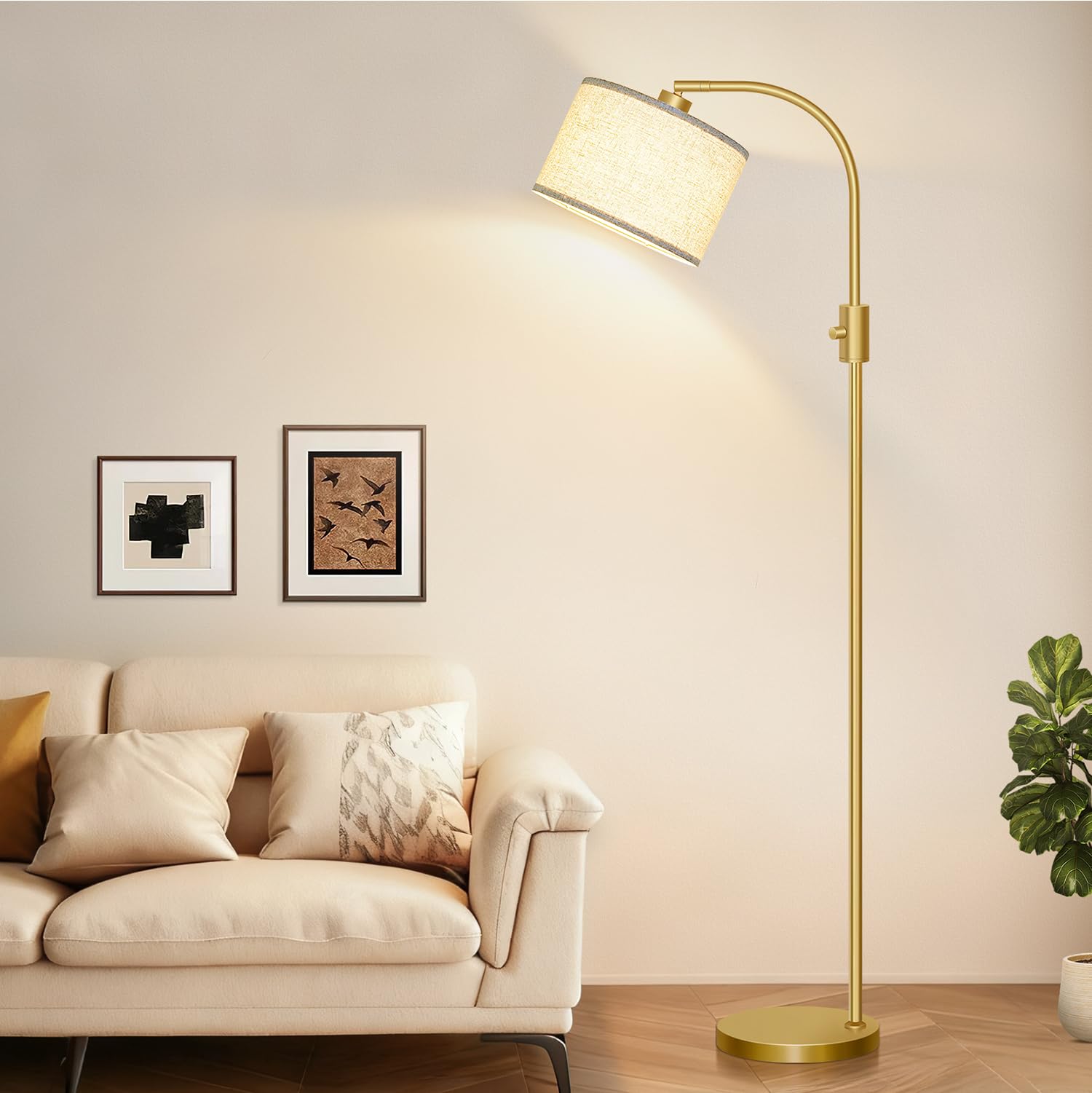 Nintiue Lampara de pie regulable, Bombilla LED de 1200 lúmenes incluida, 165cm lampara de pie salon, lámpara de pie de arco con Pantalla Ajustable para Dormitorio y Oficina