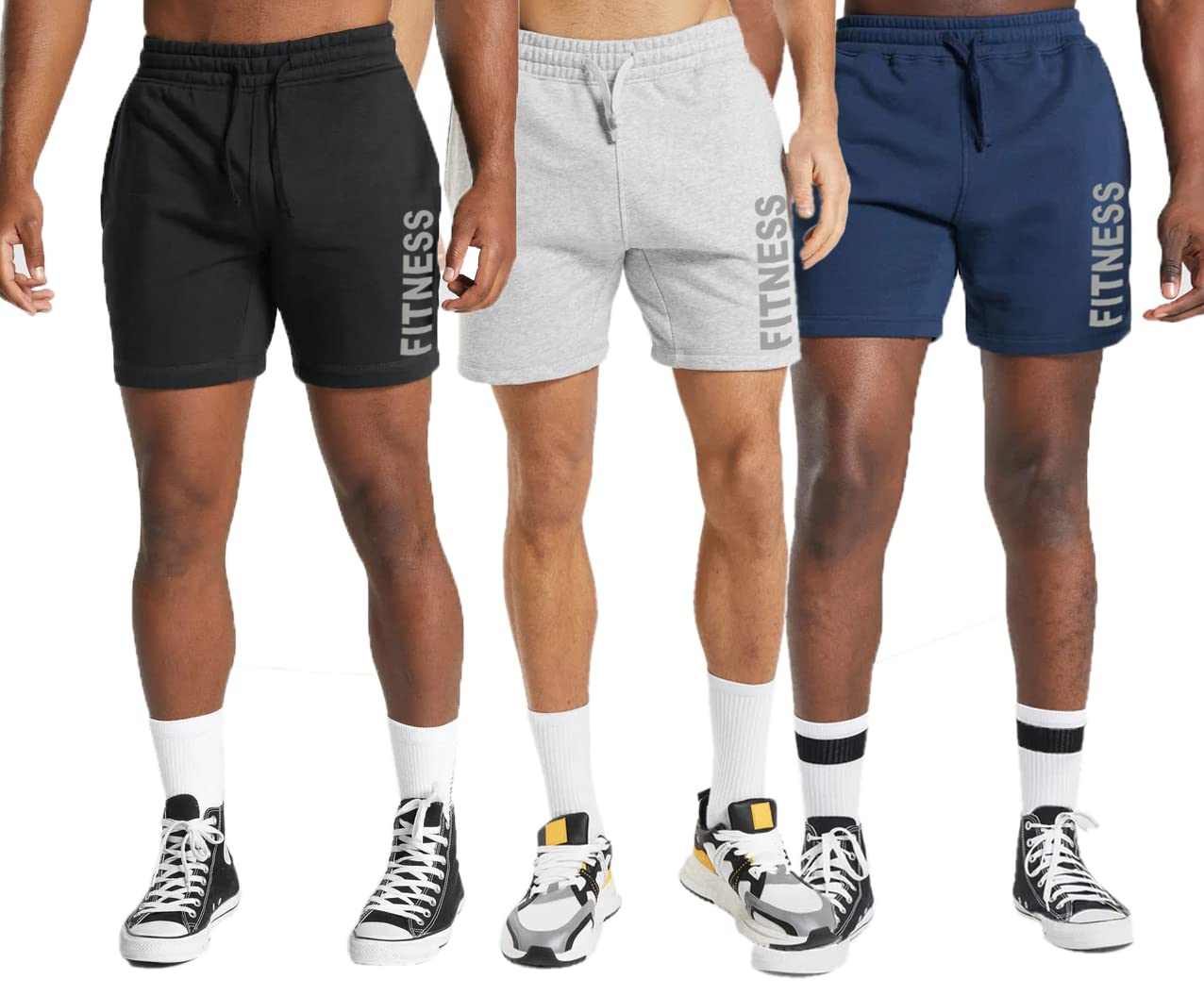 hotfits Men's Black, Grey & Blue Training Rest Day Cotton Regular Shorts Pack of 3 -S-picture-22