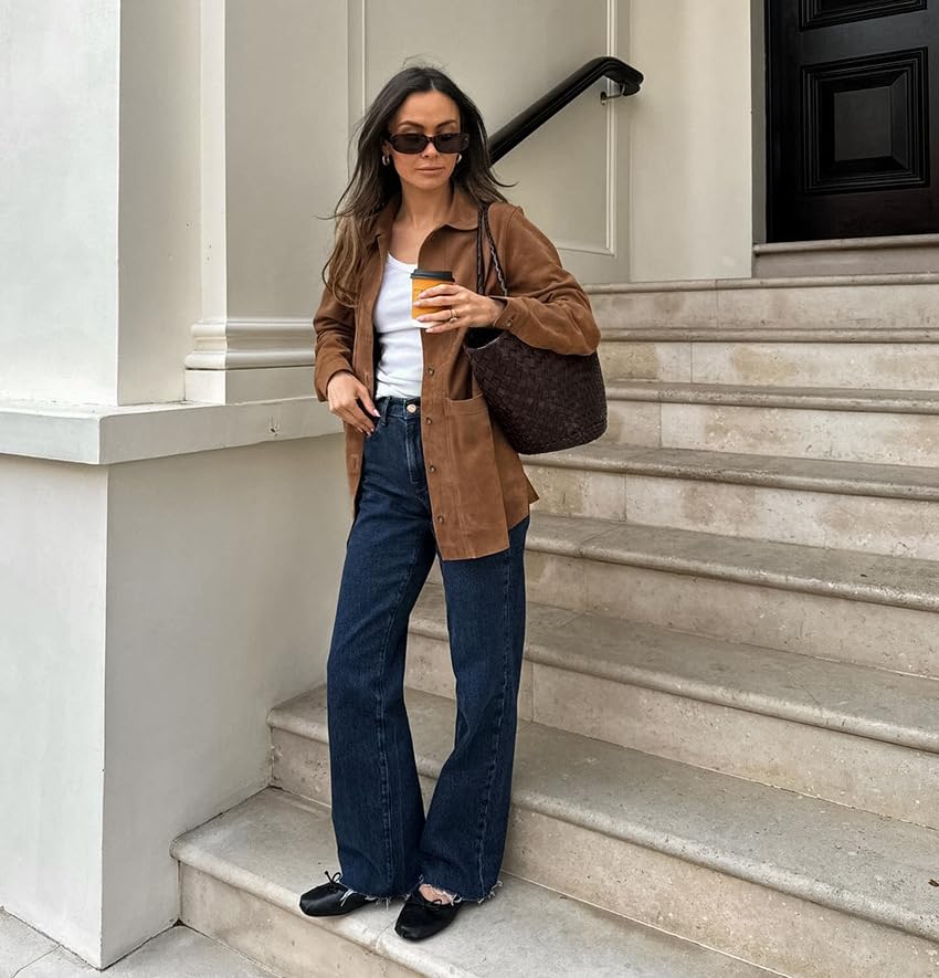 VOIKERDR Faux Suede Shackets for Women Long Sleeve Button Up Shirt Women with Pockets Spring Outfits for Women 20254