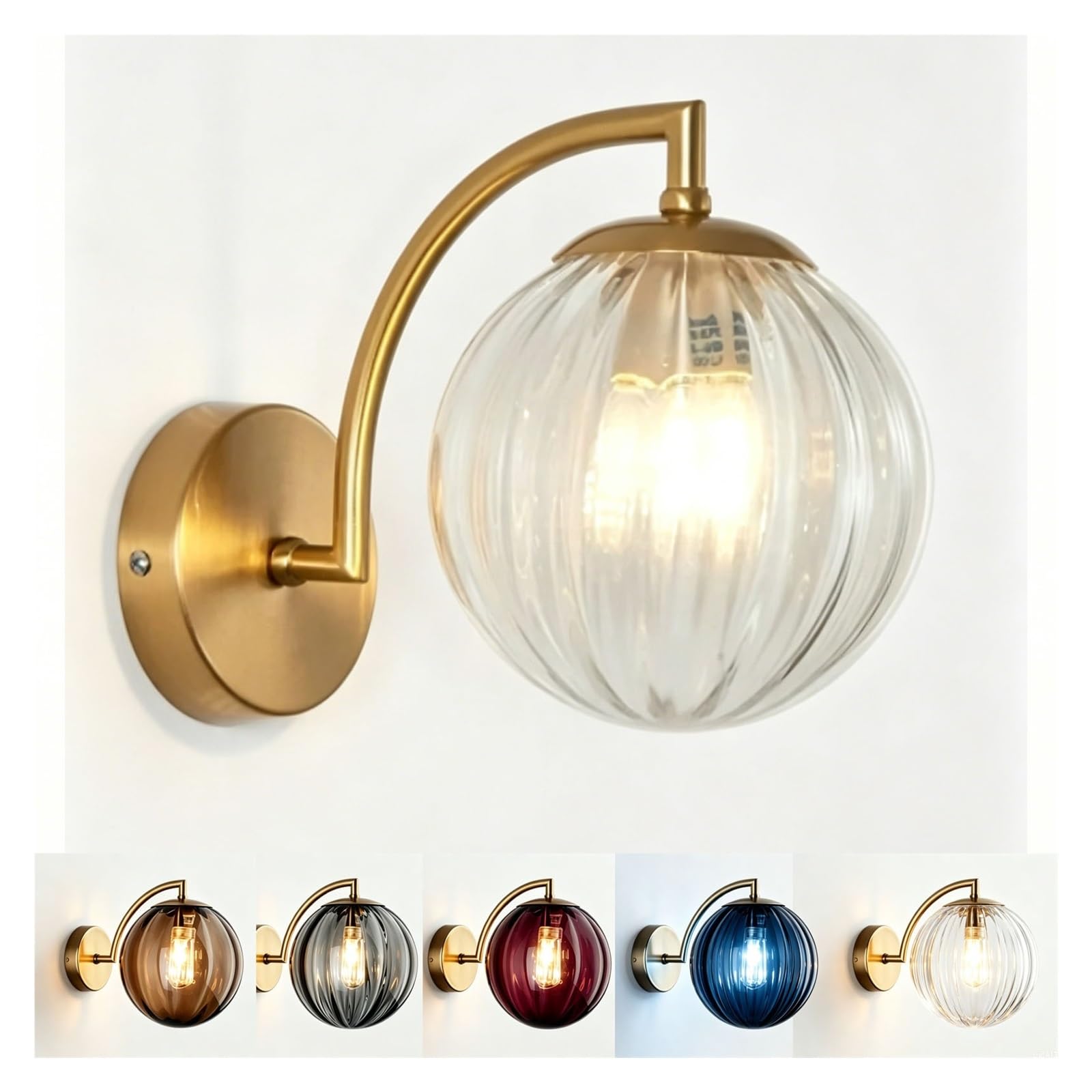 LUOYAOB Modern Smoked Amber Glass Globe Wall Lamp Gold Metal Wall Sconce G9 Base Hardwired Wall Mounted Lighting Fixture for Kitchen Bedroom Living Room Bedside Decor(Transparent)