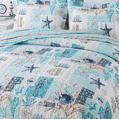 NEWLAKE Quilt Bedspread Sets - West Coastal Pattern Reversible Coverlet Set, Queen Size