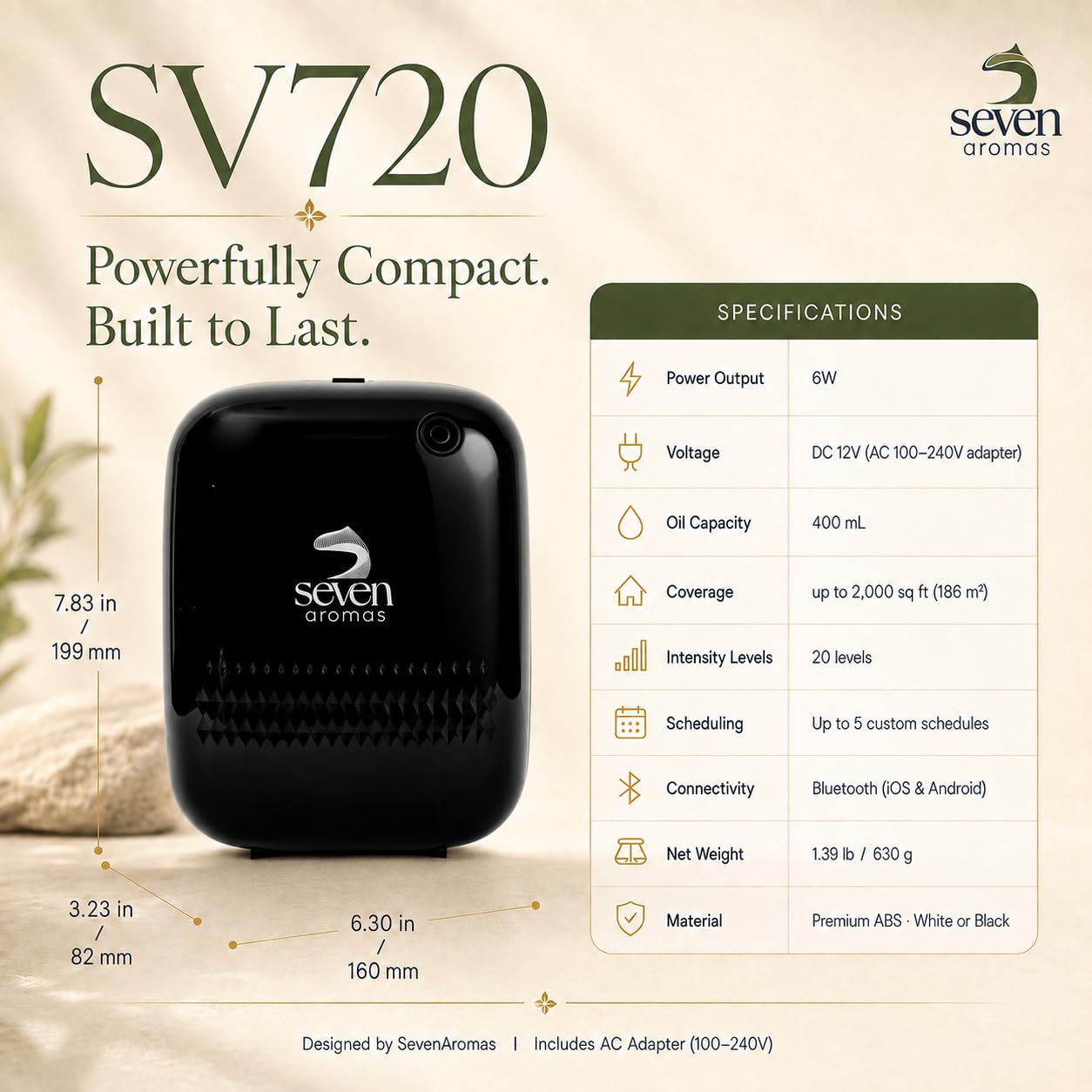 SEVENAROMAS SV720 - Difusor de aroma - Aplicación Bluetooth, máquina de aire para uso doméstico y comercial, cubre 2000 pies cuadrados, difusores portátiles sin agua para habitación grande (negro)