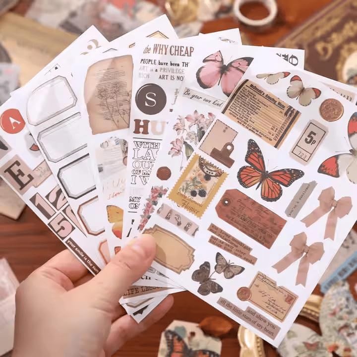 Image of GKN Scrape Book Kit 346pcs Vintage Journal Scrapbook Pack Kit For Art Journaling Bullet, Planners Diy Paper Stickers, Craft Kits Notebook, Collage Album Aesthetic Sticker Scrapebooking Album (Brown Flower)