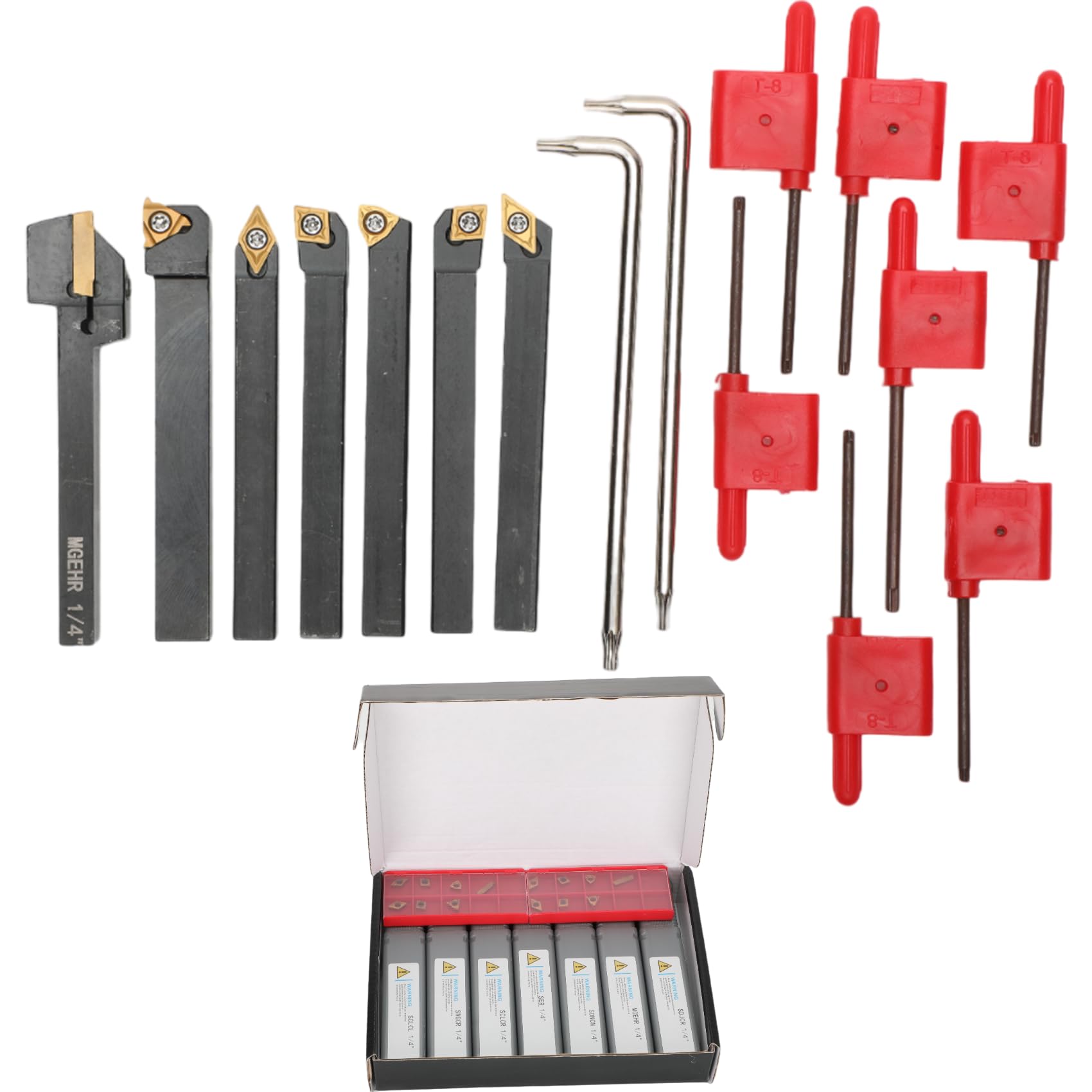 Indexable Lathe Turning Tool 21Pcs Kit 1/4'' 6mm Shank 7Pcs Metal Lathe Tools Holder Set with 14Pcs Turning Inserts for Turning Grooving Threading Boring Carbide Inserts Carbide Turning Tool
