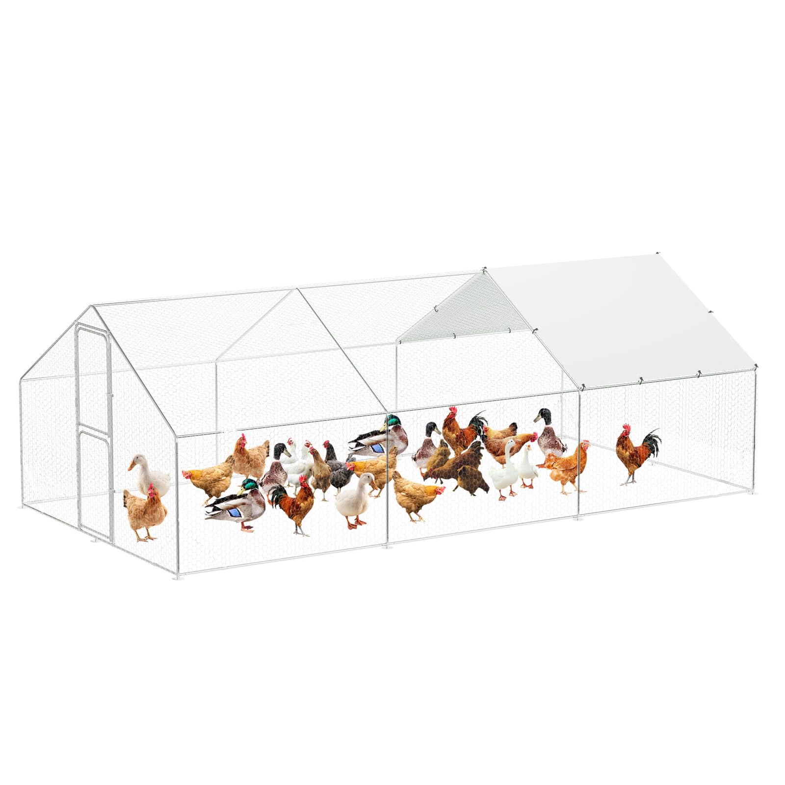 Garvee Large Metal Chicken Coop with Waterproof and Anti-UV Cover, Walk-in Poultry Cage, Large Chicken Pen, Outdoor Hen Run House for Backyard Farm Use, 9.8x19.7X 6.6 ft, large Spire Roof