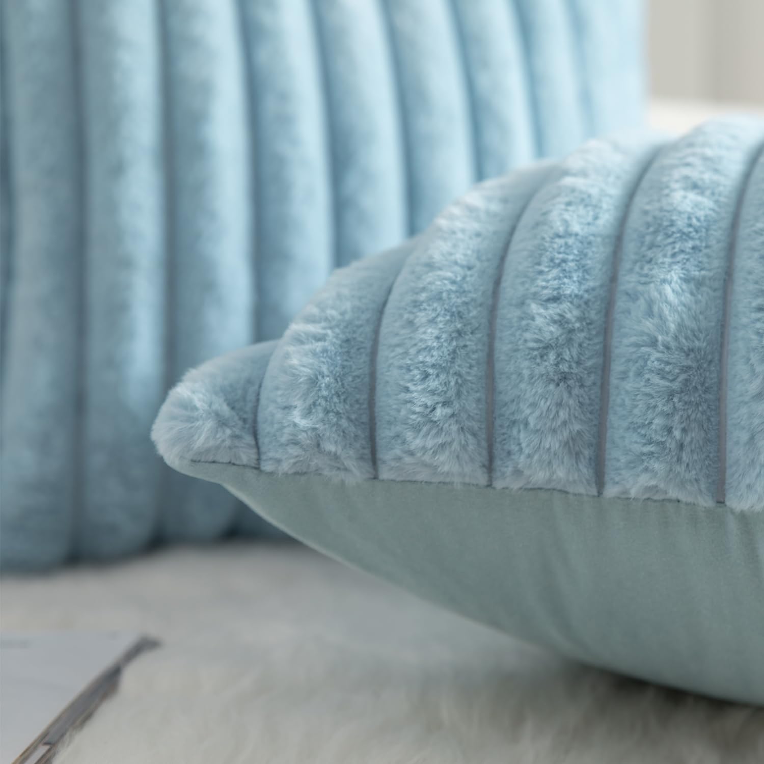 Mandioo Pack of 2 Decorative Cushion Covers 30cm x 50cm Faux Fur Striped Plush Soft Throw Pillow Covers Pillow Cases Bedroom Living Room Sofa Home 12x20 Inch Light Blue - Image 3