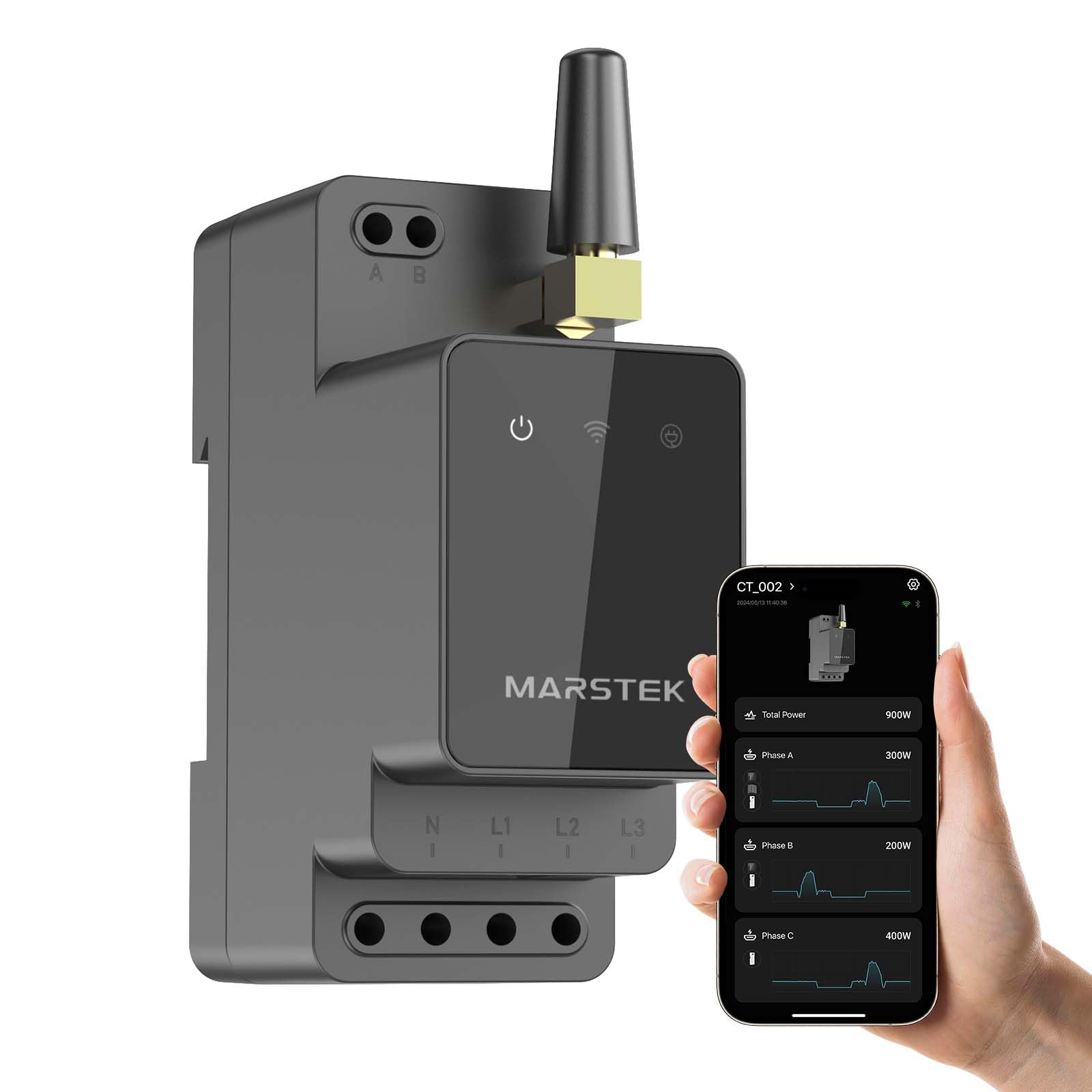 MARSTEK Smart Meter CT002 (Upgrade 2026), WLAN & Bluetooth, Dreiphasige Leistungsabtastung, Einphasig kompatibel, DIN-Schienen-Montage, App-Steuerung