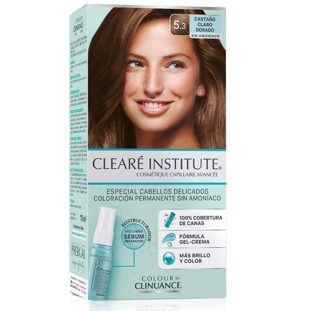 Colour Clinuance, Coloración Capilar Permanente Sin Amoniaco, Cabellos Delicados, Tinte de Pelo 100% Cobertura de Canas, Con Sérum Capilar, Apto Método Curly, 5.3 Castaño Claro Dorado, 170 ml