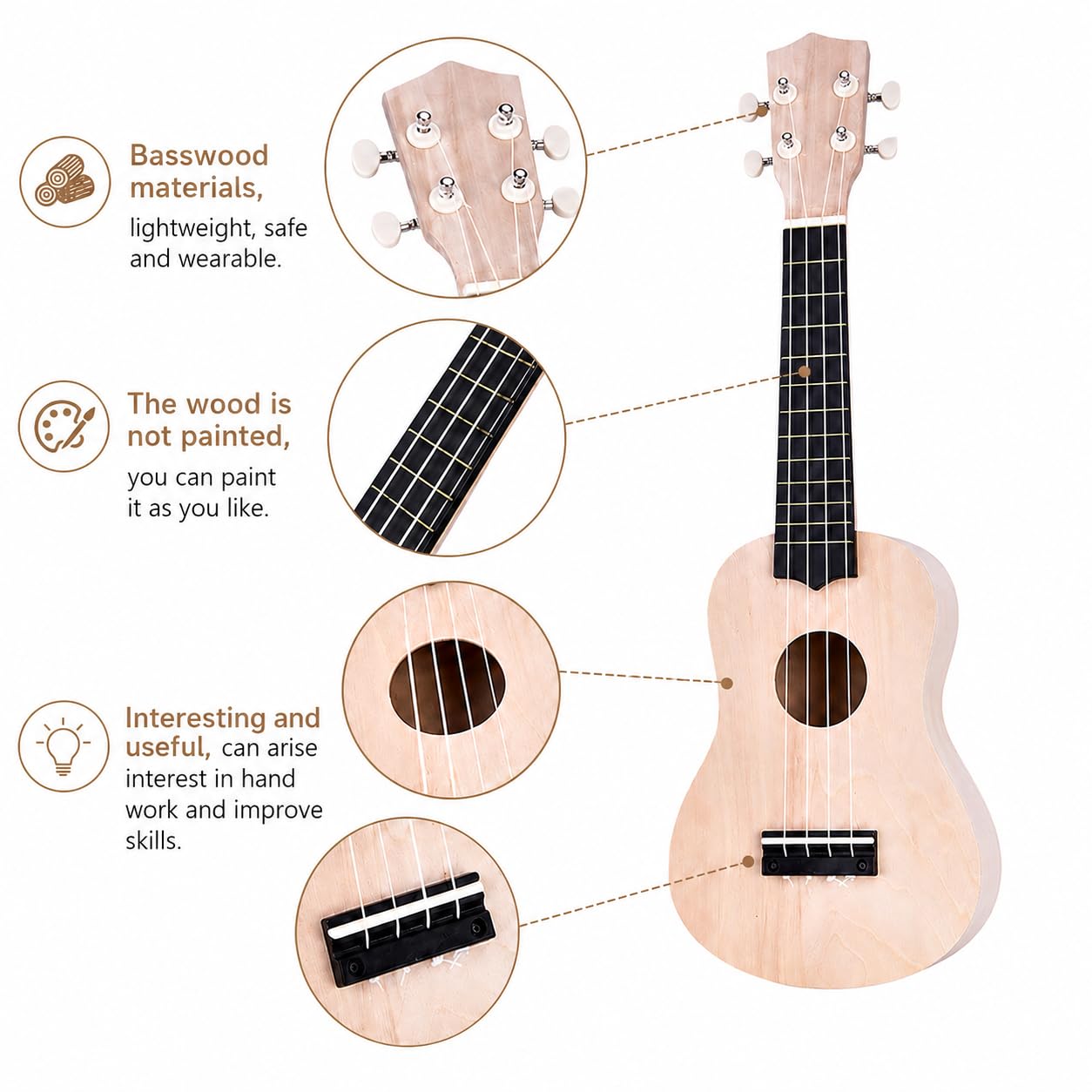 Kit de Fabrication Ukulélé, Instrument à 4 Cordes en Bois de Basse, pour Artisanat Musical et Passionnés