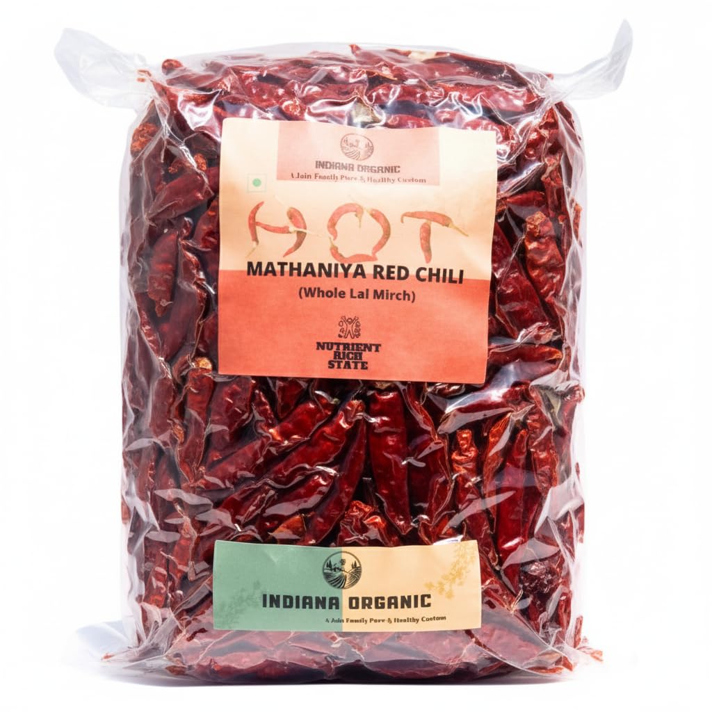 Indiana Organic Mathania Whole Red Chili - 400 gram | Rajasthani Mathania Whole Mirch, Sabut lal mirch, Stemless, 400 gram (vaccum packed air tight)