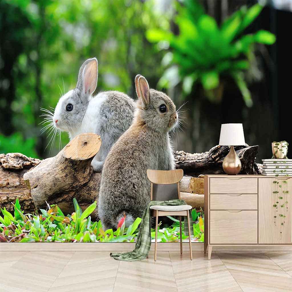 Papier peint lapin gris auto-adhésif 350x256 cm pour chambre d'enfant