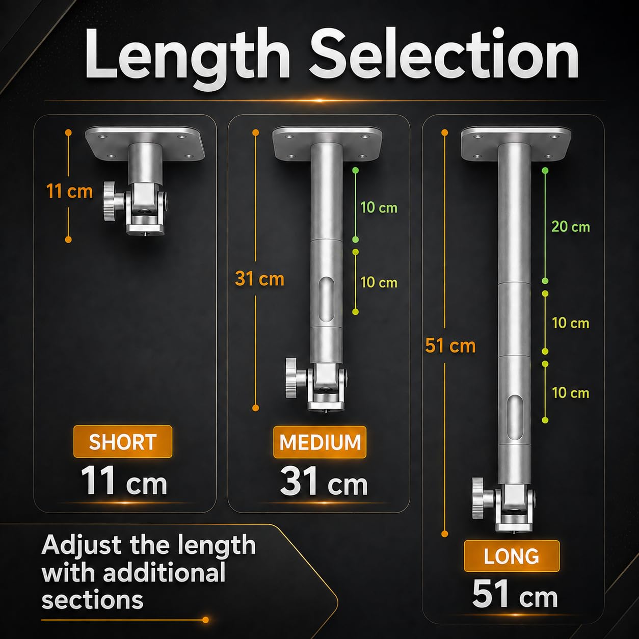 Soporte de techo y pared para proyector – Soporte universal, carga 10 kg, ajustable 11-51 cm, rosca 1/4", aluminio Al6063, rotación 360°, cable oculto, plateado