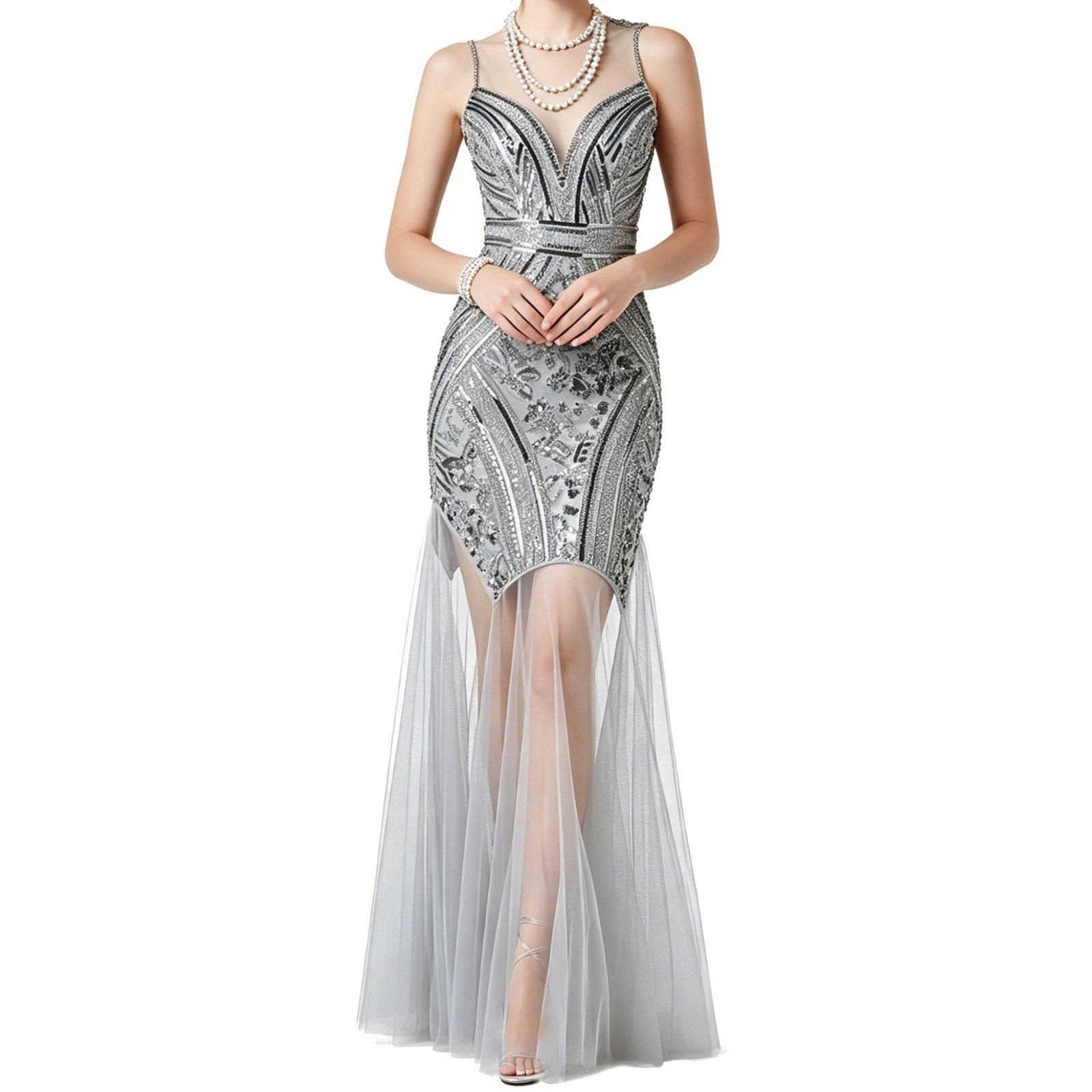Maxi Abito con Paillettes da Donna, Abito da Sera Vintage in Rete Senza Maniche, Abito da Festa Formale Nero Lungo Fino al Pavimento