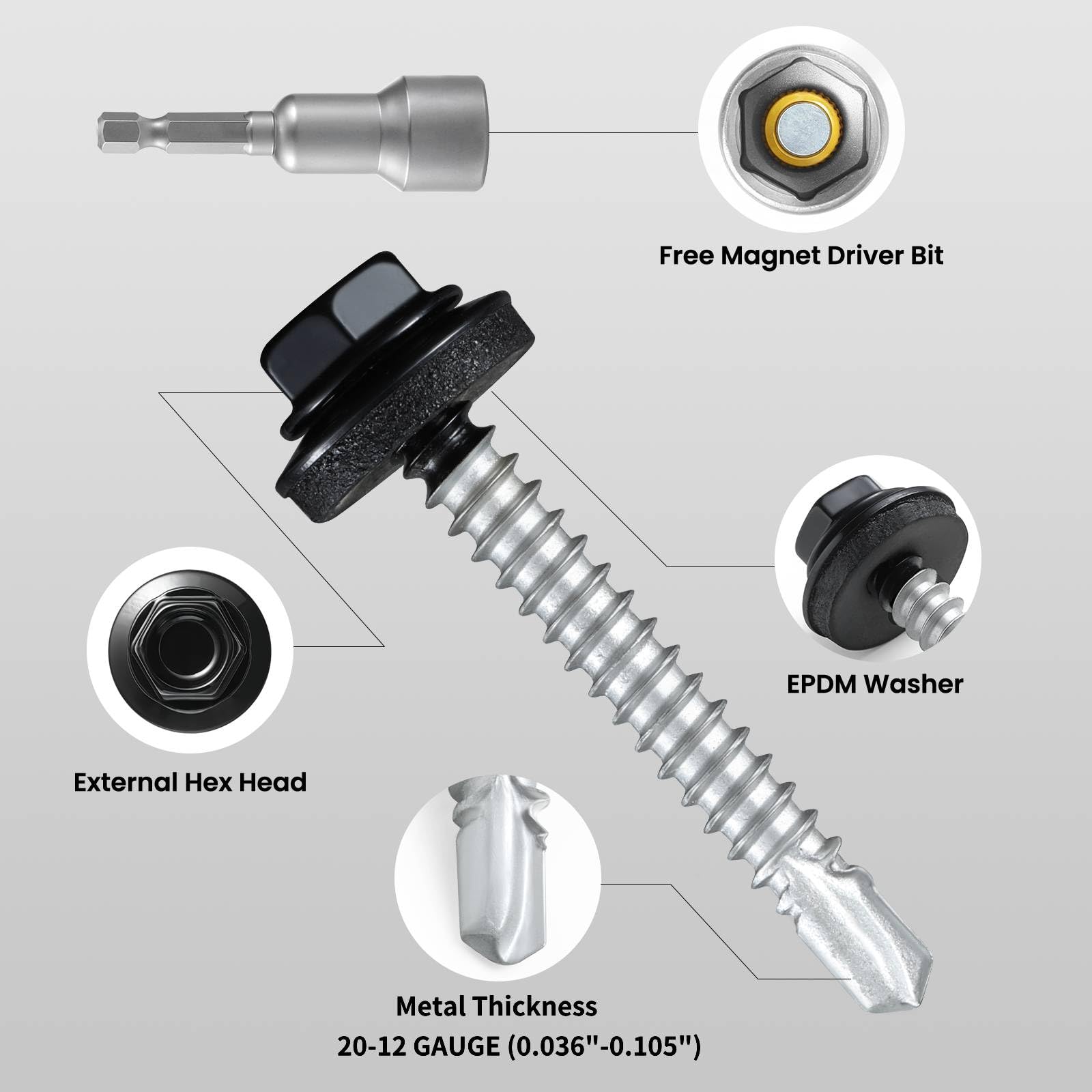 Tornillos de metal para techos de 1 pulgada, cabeza hexagonal con revestimiento Ruspert negro, arandela EPDM, autoperforantes de metal a madera, con broca hexagonal (3 libras, 304 piezas)