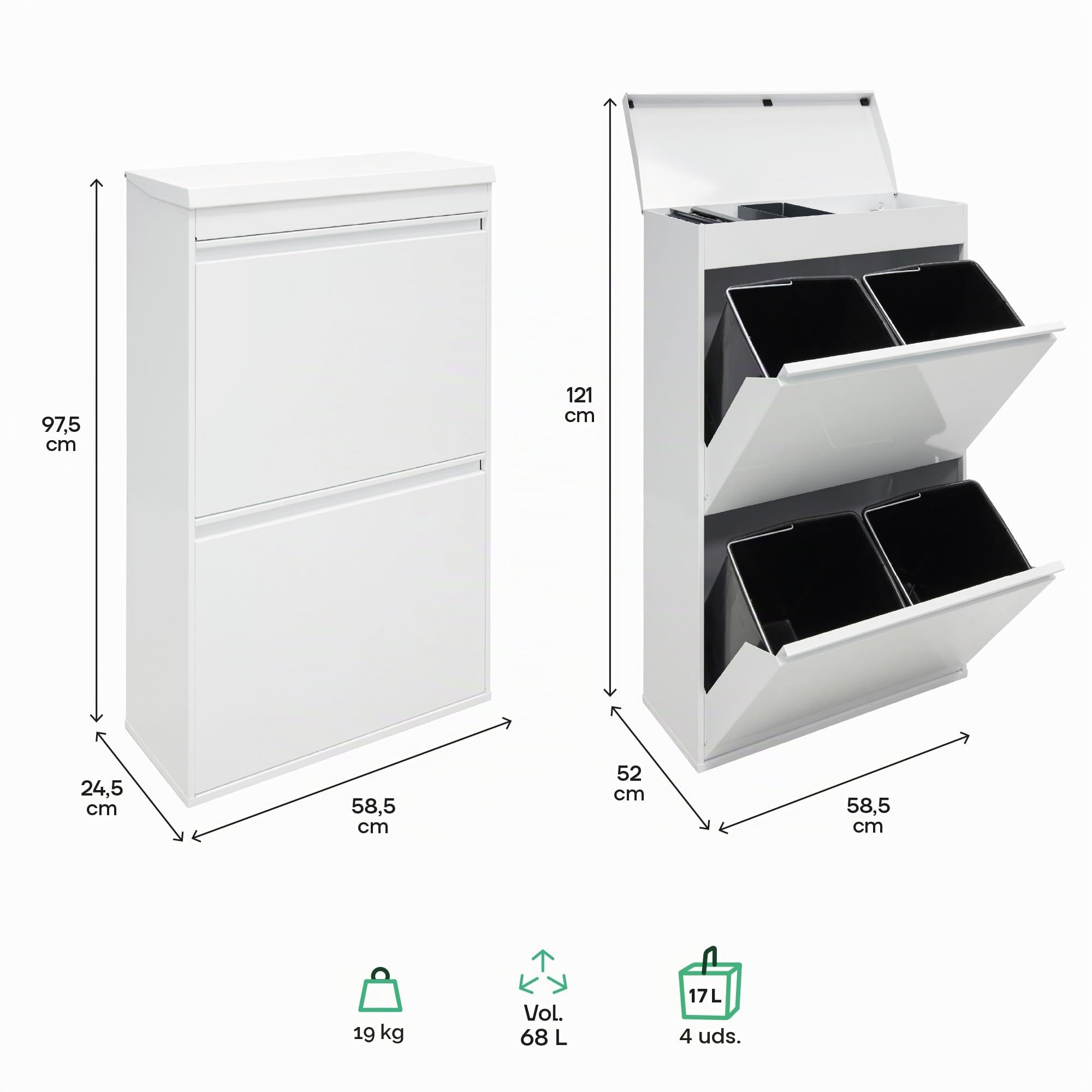 Arregui Top CR621-B Cubo de Basura y Reciclaje de Acero de 4 Compartimentos con Cajón Superior | 4x17 L (68 L) | Cubos de Basura de Cocina | Contenedores de Reciclaje para Casa u Oficina | blanco