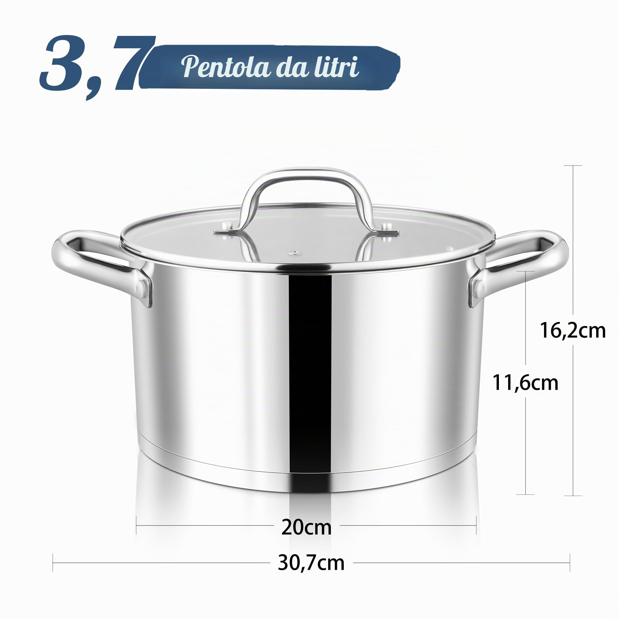 Joyfair Pentola da 20 cm, con fondo a 3 strati, in acciaio inox, con coperchio in vetro, pentola a induzione per tutti i piani cottura, pentola per carne da 3,7 l, per pasta/zuppa/stufati, sana e