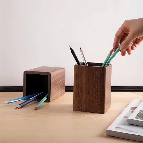 Miniatura 4 de LEILISI Portalápices, soporte de madera de nogal para escritorio, almacenamiento de maquillaje, escuela, hogar, oficina, accesorios de mesa y