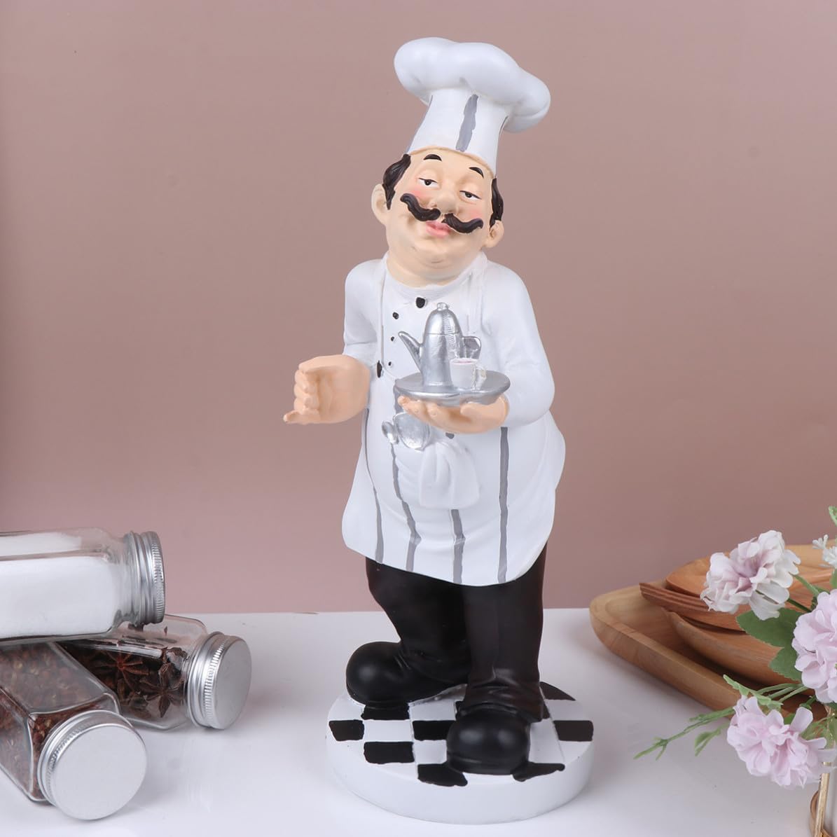 Statuetta Chef in Resina Stile Europeo Bianco, Decorazione Cucina Stabile e Divertente per Caffè e Pasticceria, Figura Chef da Tavolo Unica