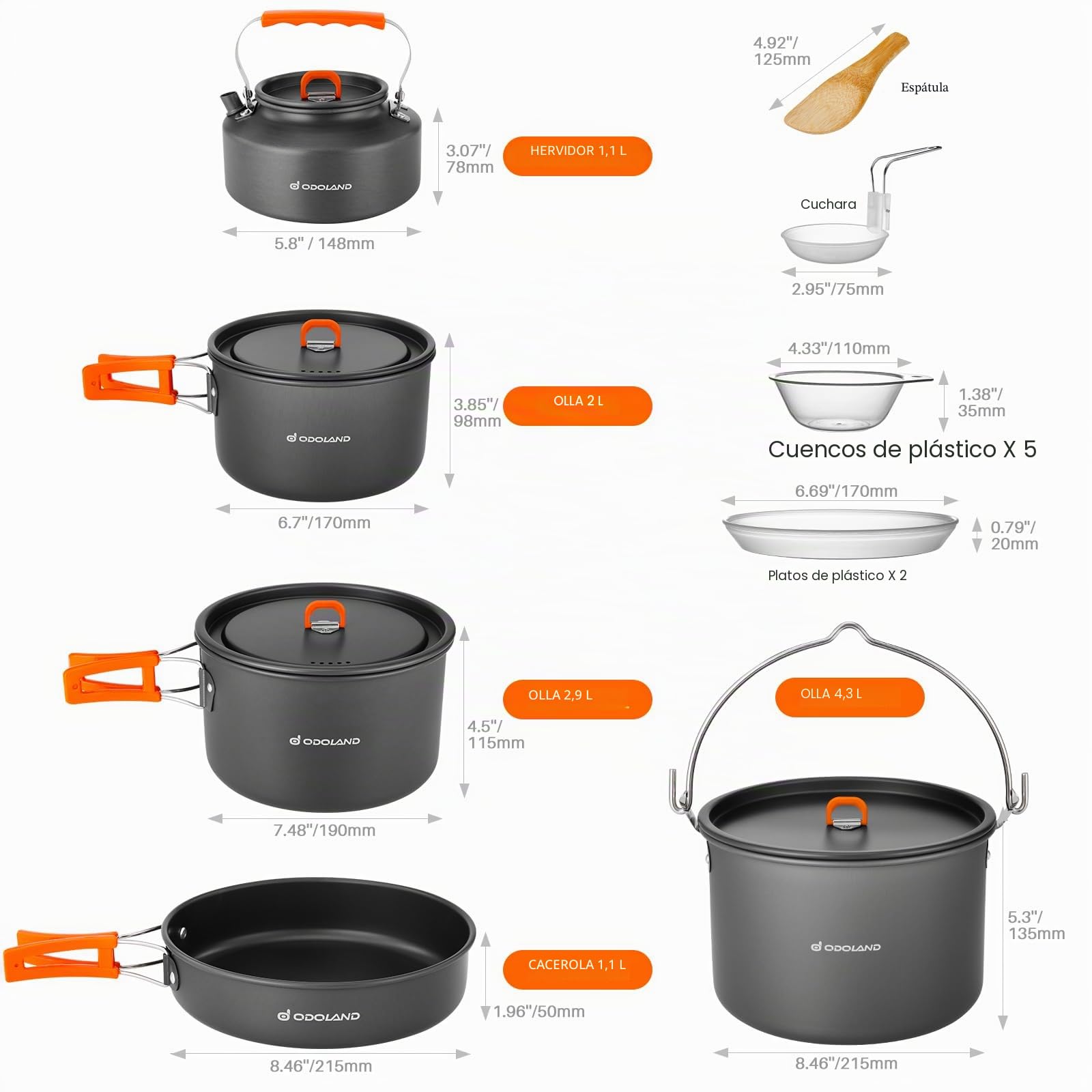Odoland Kit de Utensilios Cocina Camping de 18 piezas para 1-5 Personas, Kit de Camping con 3 Ollas, 1 Sartén y 1 Hervidor, para Camping Senderismo Viajes Cocina al Aire Libre y Picnics