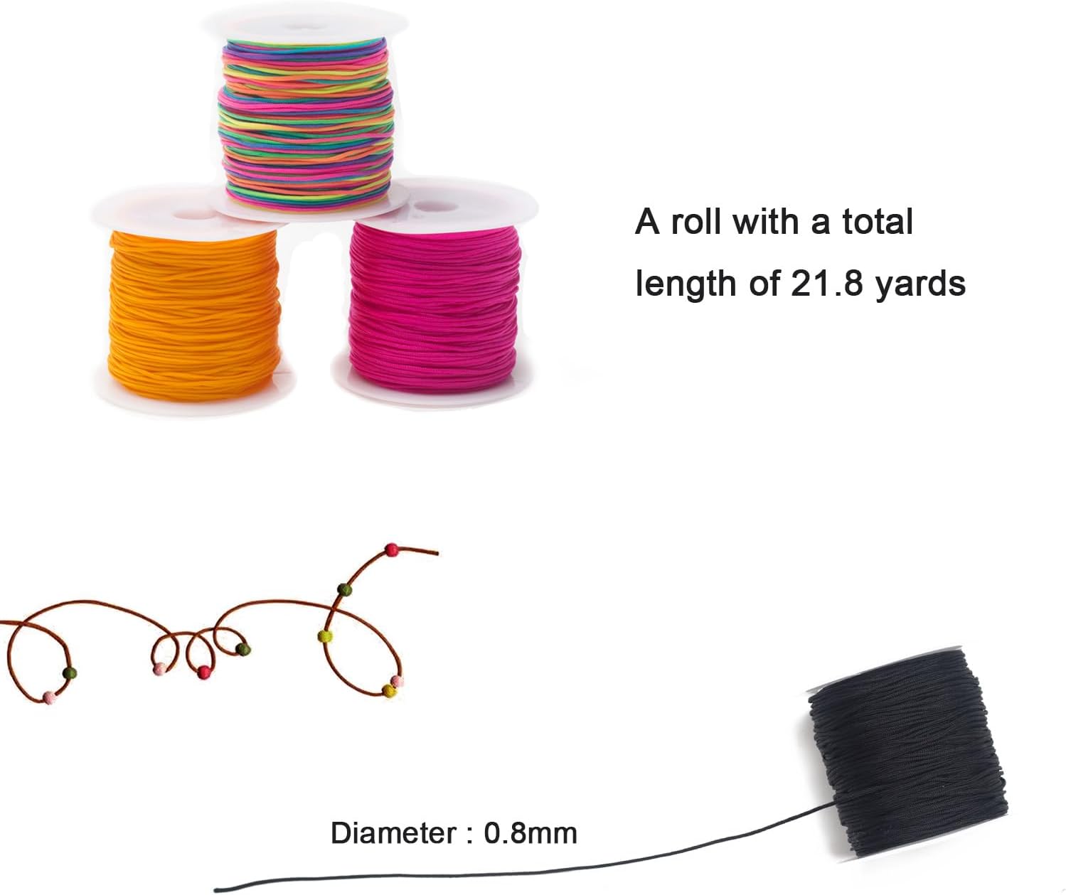 20 Pcs Nylon String Chinese Knotting Cord Thread Beading String for Kumihimo Necklaces Macrame Craft Wind Chime Jewelry (0.8mmx21.8yards 20 Colors)