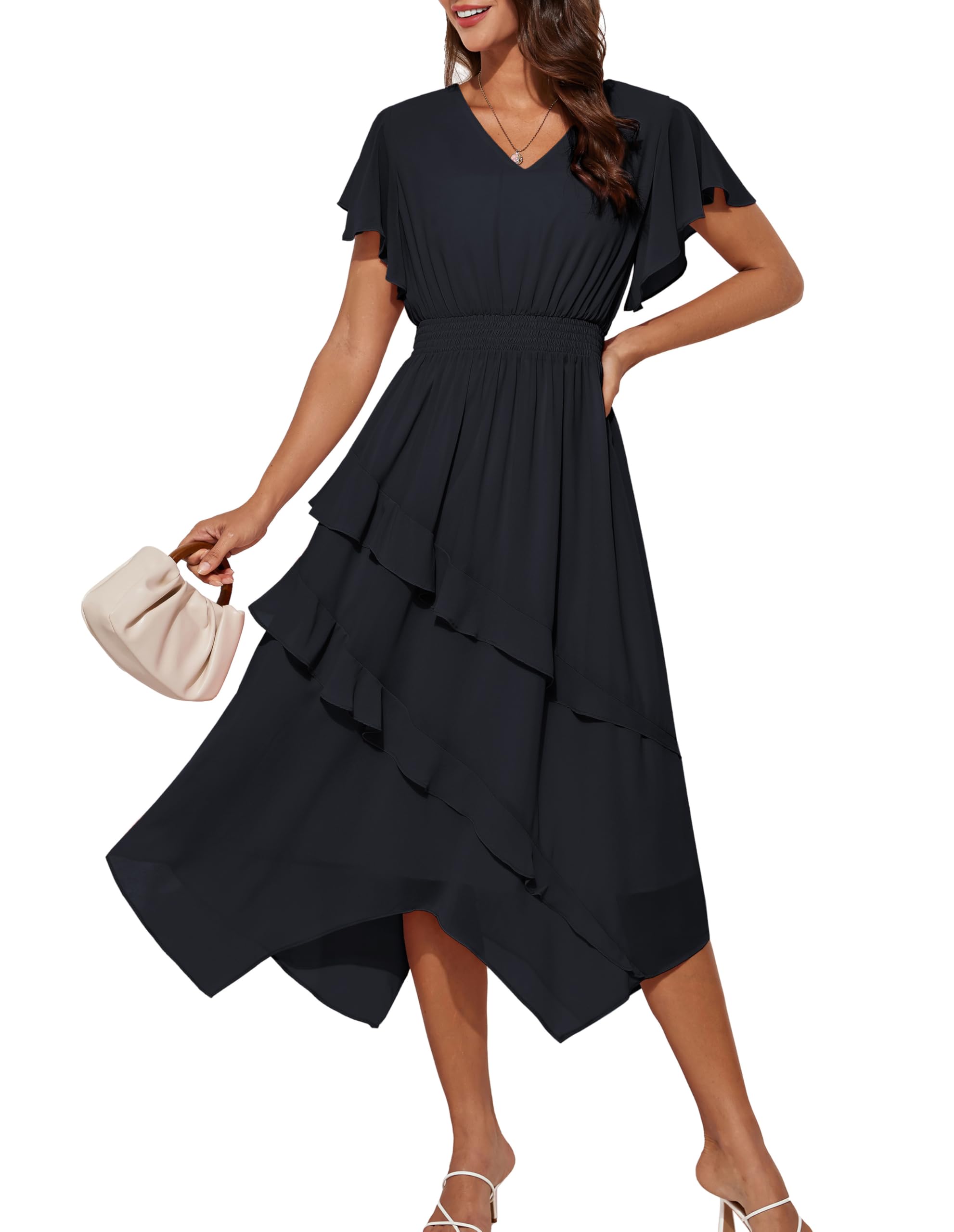 GRACE KARIN Abito estivo casual da donna, con maniche a balze, linea ad A, in chiffon, irregolare