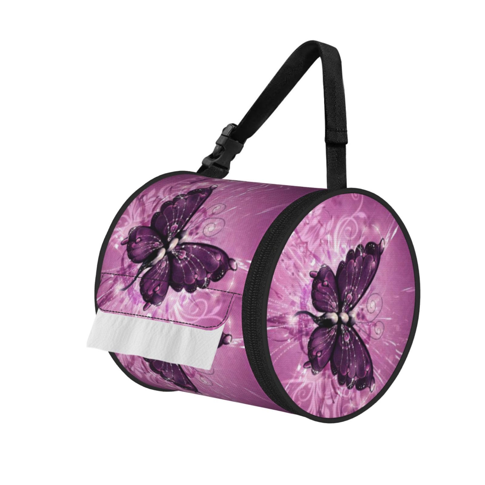 Jiuty Black Butterfly Print Cylinder Tissue Organizer Bag With Strap, Portable Toilet Roll Holder For Camping Car