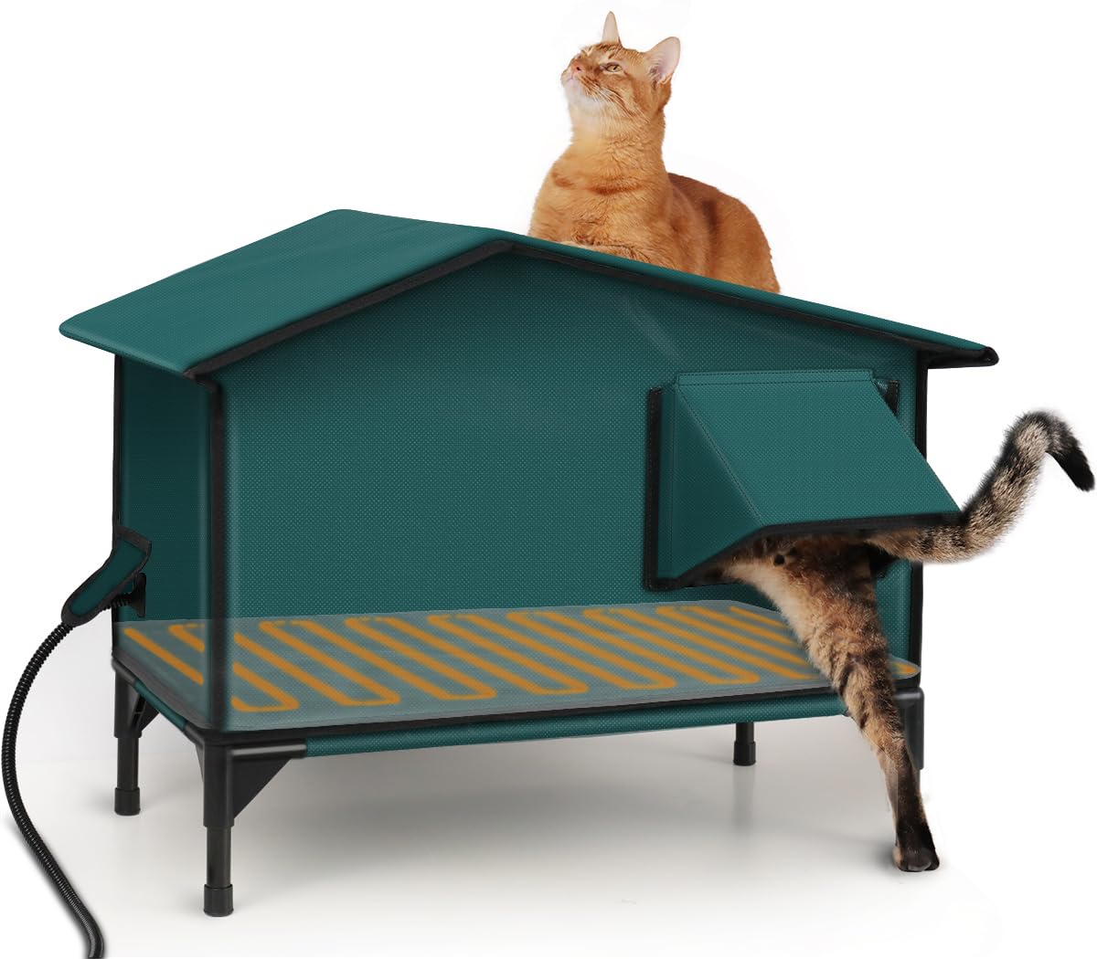 Heated Cat House for Outside,Extremely Weatherproof&Insulated in Winter,Elevated Outdoor Cat Shelter with Waterproof Eaves&Escape Door for Feral Stray Barn Cat(Dark Green,M:24.8" Lx21.4 Wx13.4 Th)