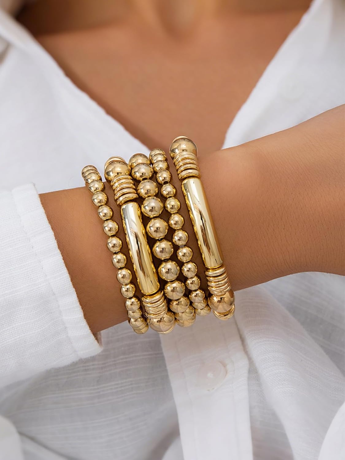 5Pcs Gold Beaded Bracelets 14K Gold Bracelets for Women Bracelet Stack Trendy Stretch Bead Bracelets Silver Bead Bracelet Dainty Jewelry for Women - Image 2
