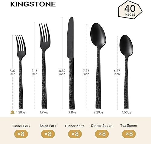 Miniatura 2 de KINGSTONE Juego de 40 cubiertos martillados negros para 8, acero inoxidable 18/10, juego de cubiertos de alta resistencia para el hogar,