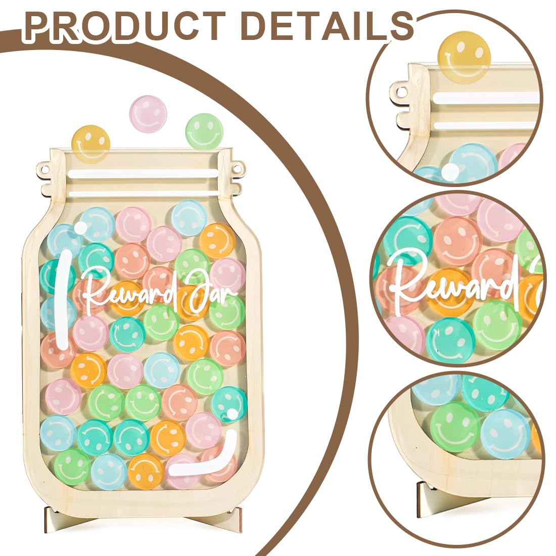 GXGM 1 Pezzo Tabella delle Ricompense per Bambini,Barattolo di Ricompensa per Bambini,Per Punti Ricompensa Studio,Barattolo Ricompensa Autodisciplina,Ornamenti in Legno (Faccia Sorridente)