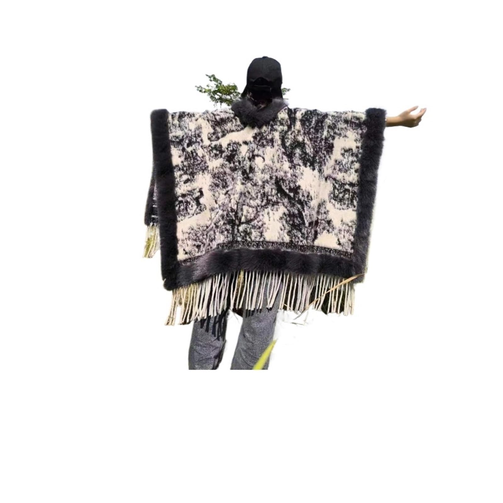 Poncho Invernale da Donna, Cardigan Caldo e Largo, Scialle, Mantello Oversize con Motivo Stampato