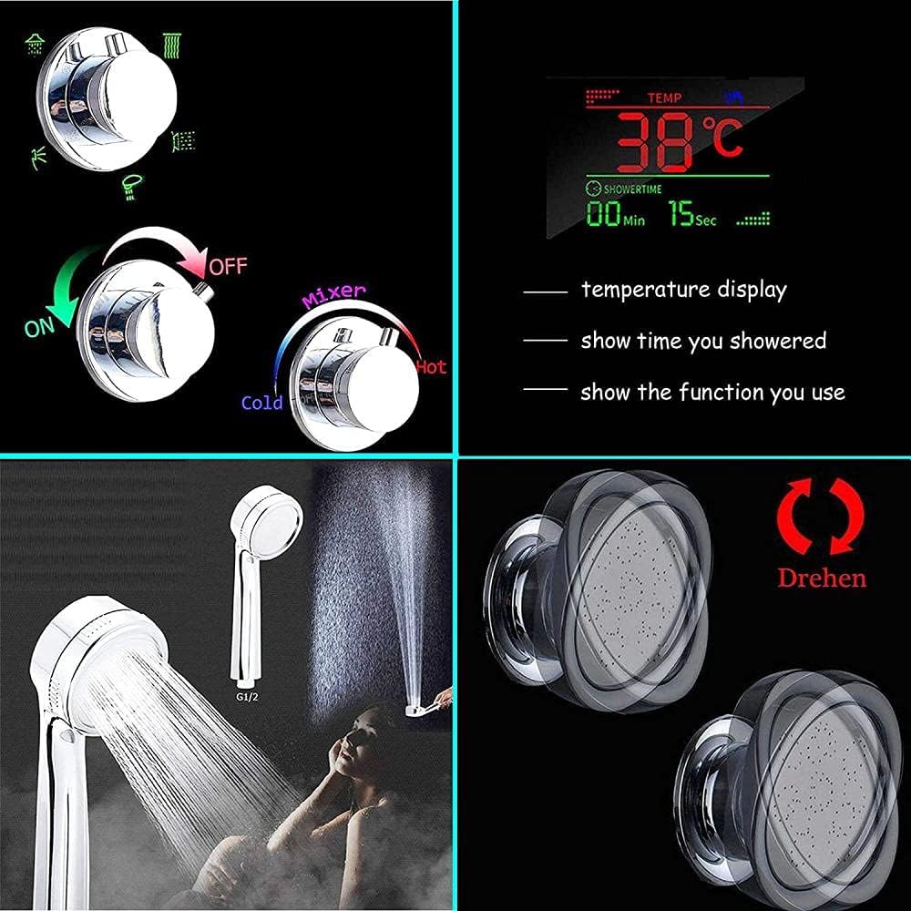 Shower Panel LED Shower Set 6 Function Water Temperature Display with Waterfall Shower Pot Body Massage Nozzle Hand Shower and Bath Tap for Bathroom