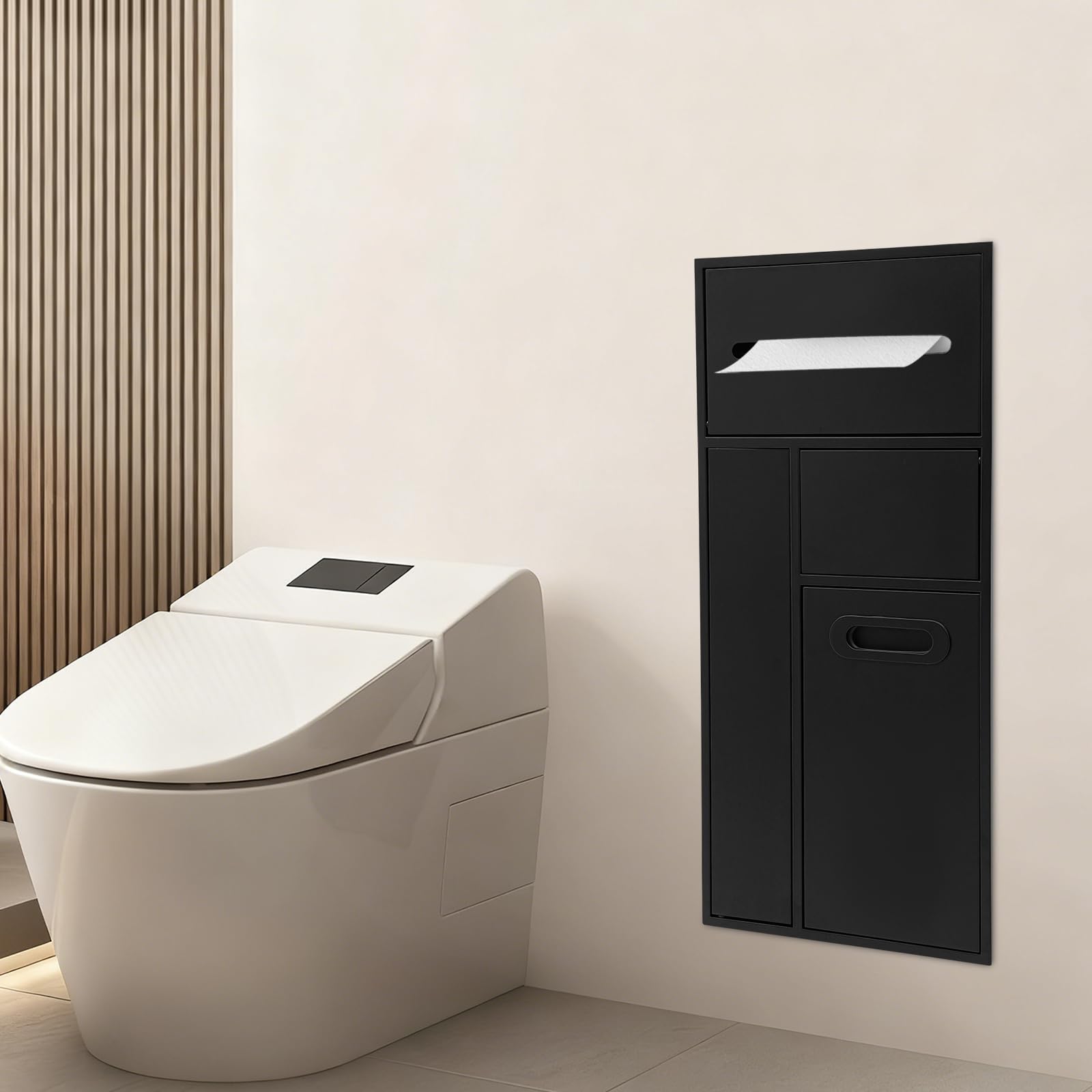 Toilettenpapierhalter Unterputz 3-in-1, Edelstahl Einbau-Mülleimer, Eingebaute Nische mit Toilettenpapier- und Bürstenhalterung, Badezimmer-Schrankmodul, 30x14x65 cm (Schwarz)