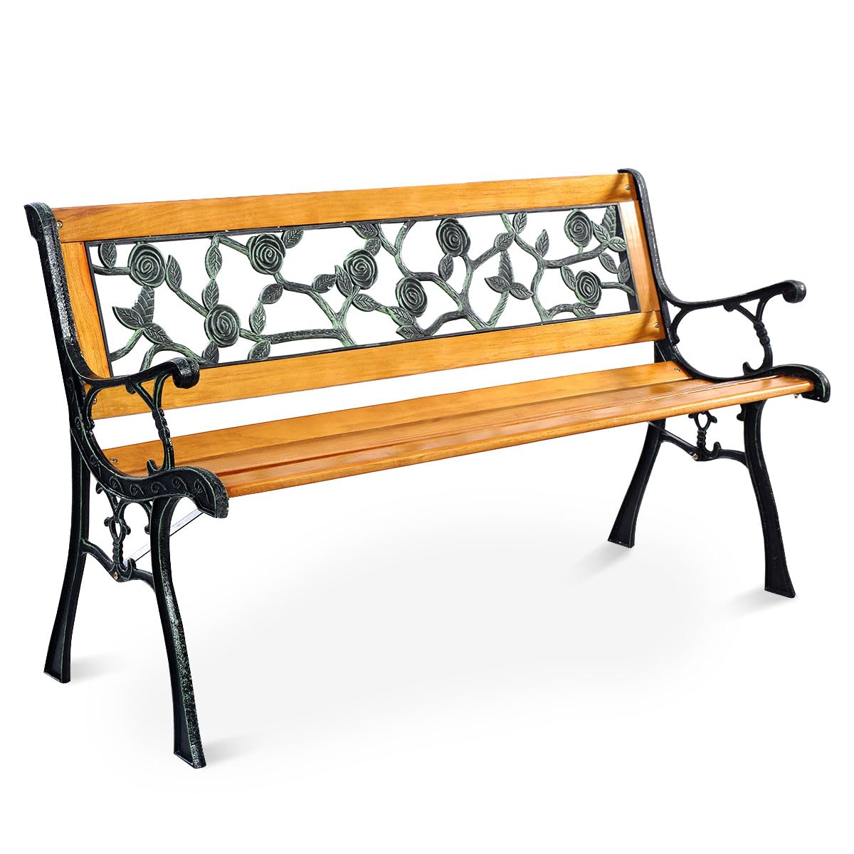 COSTWAY 3-Seater Garden Bench, Solid Wood Slatted Seat Loveseat Park Bench with Rose Pattern, All-Weather Outdoor Furniture Leisure Seating Patio Chair for Balcony, Porch, Backyard (Flat Back)