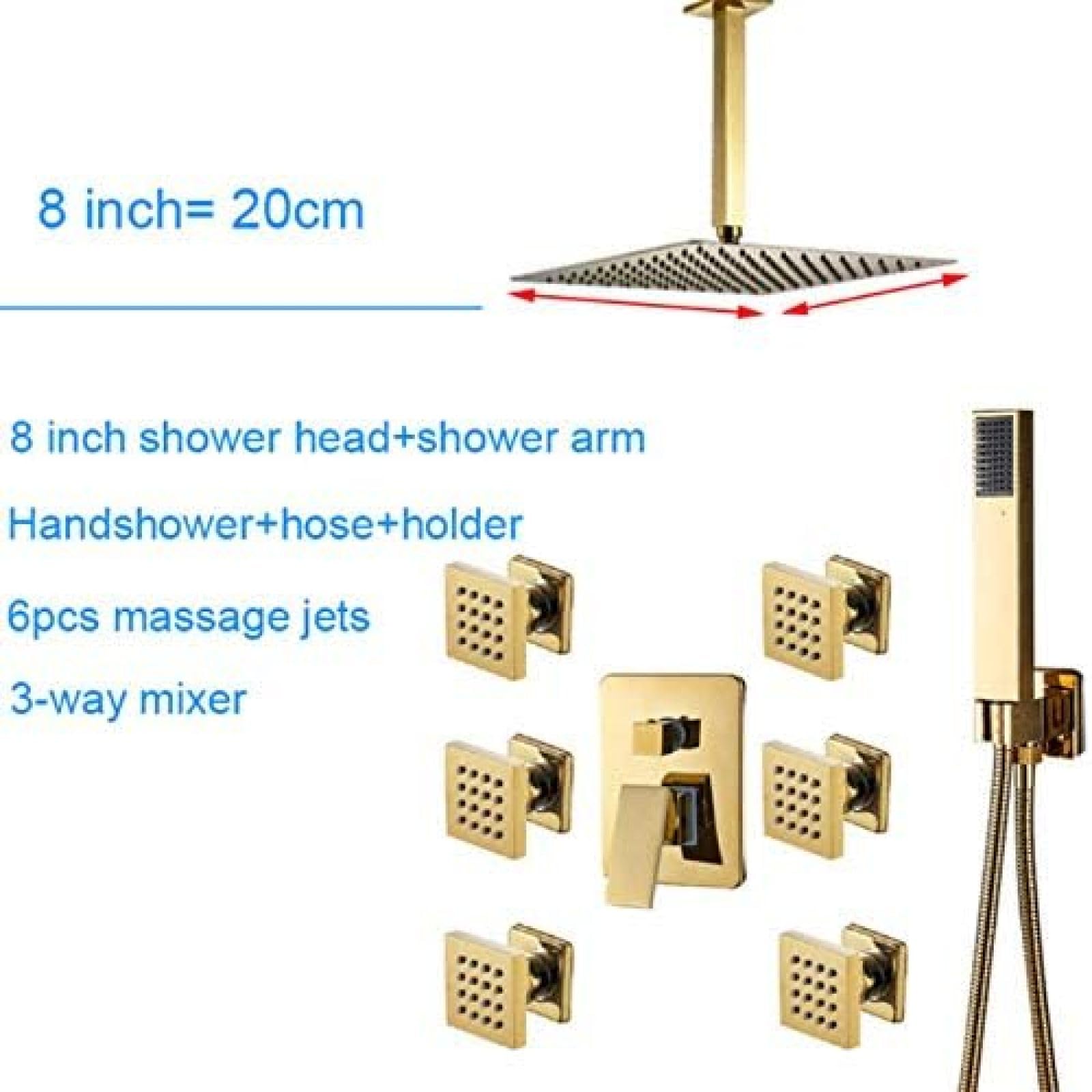 Golden Shower Set di rubinetti da 8 Pollici Soffione Doccia Ultrasottile in Oro 6 Pezzi Massaggio Spa Jets Doccia Miscelatore a 3 Vie Rubinetto per Vasca da Bagno Kit Doccia in Oro