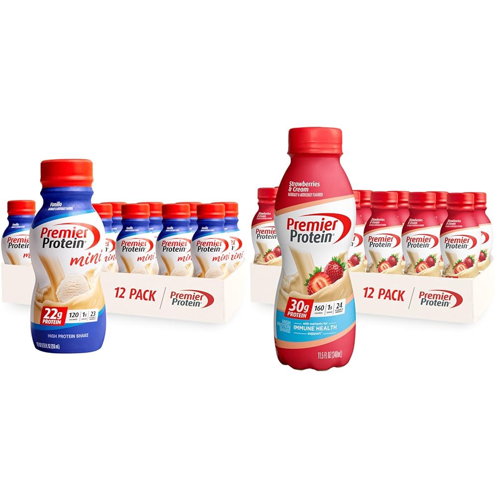 Premier ProteinShake MINIs Vanilla 22g Protein 120 Calories Pack of 12 & Strawberries Premier Protein Shake 30g Protein 160 Calories Pack of 12