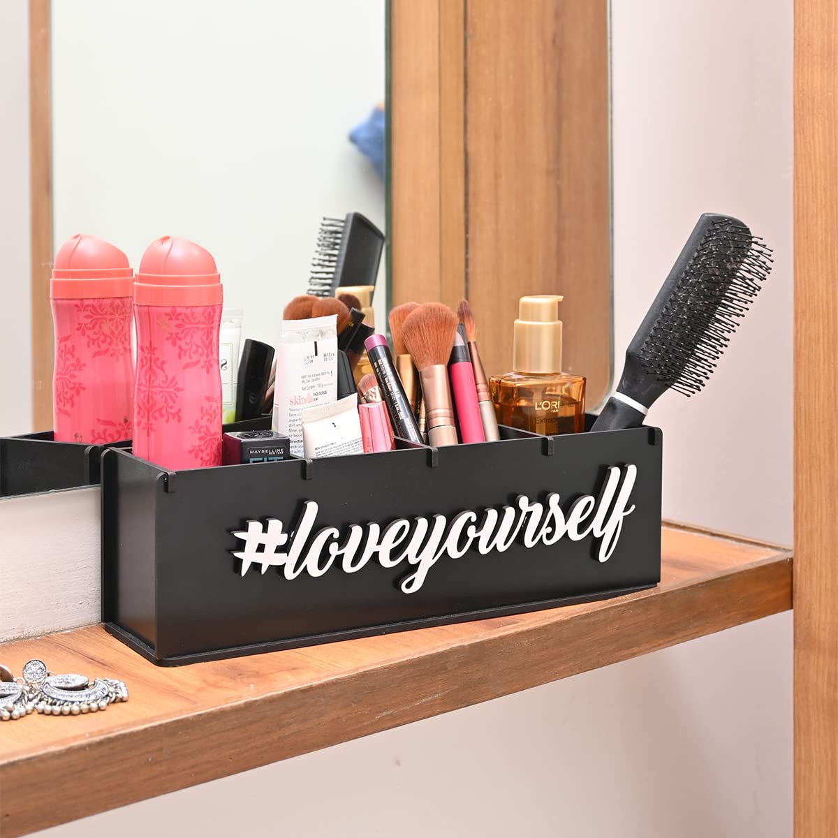 Gift Kya De Makeup Organizer for dressing table organizer with 4 compartments storage boxes for wardrobe perfume lipstick nailpolish, stationary unique gifts for women (black loveyourself, Wood)