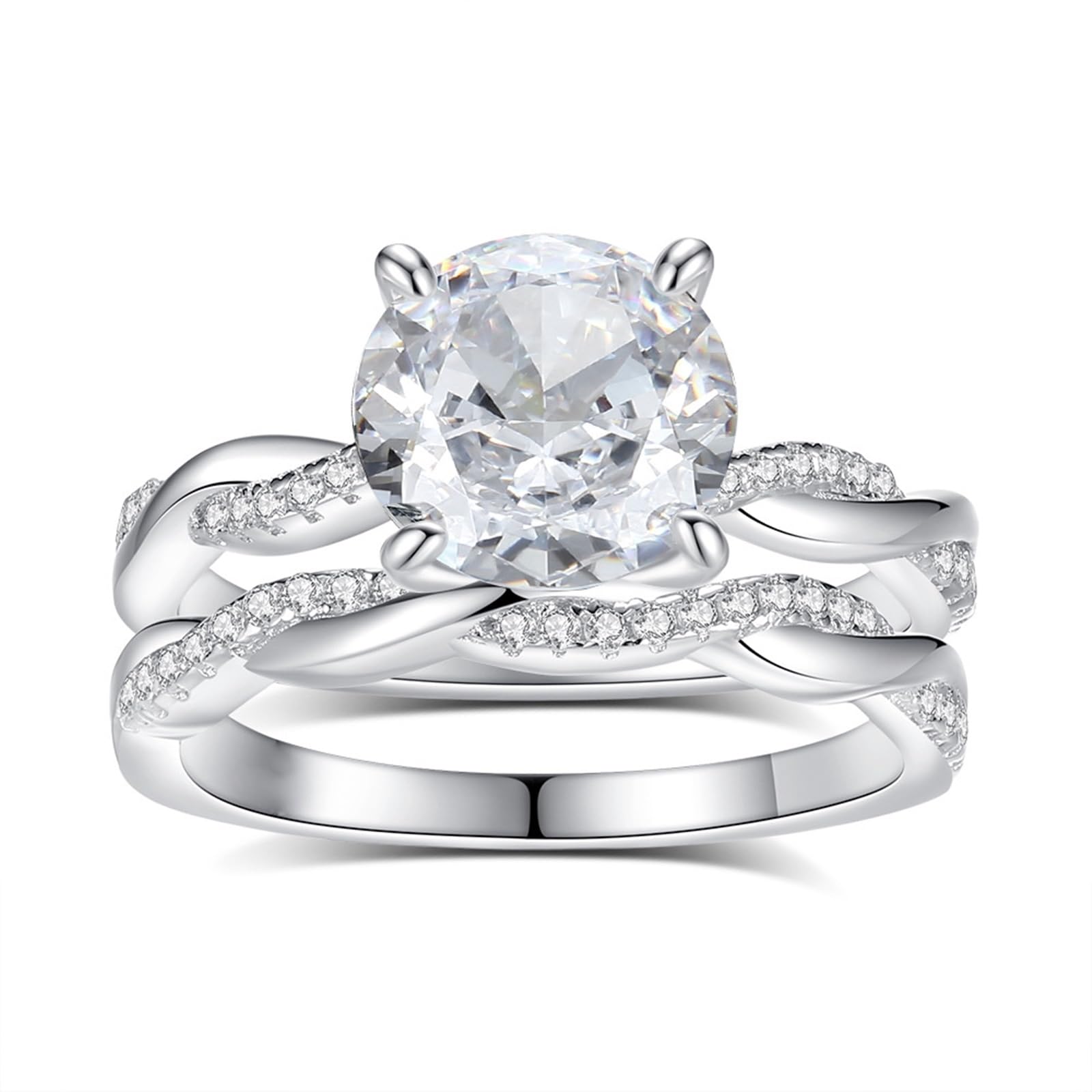 Anillo de oro blanco para mujer, anillo de compromiso, oro auténtico, moissanite, 2 quilates, apilable, juego de 2 anillos de oro para mujeres