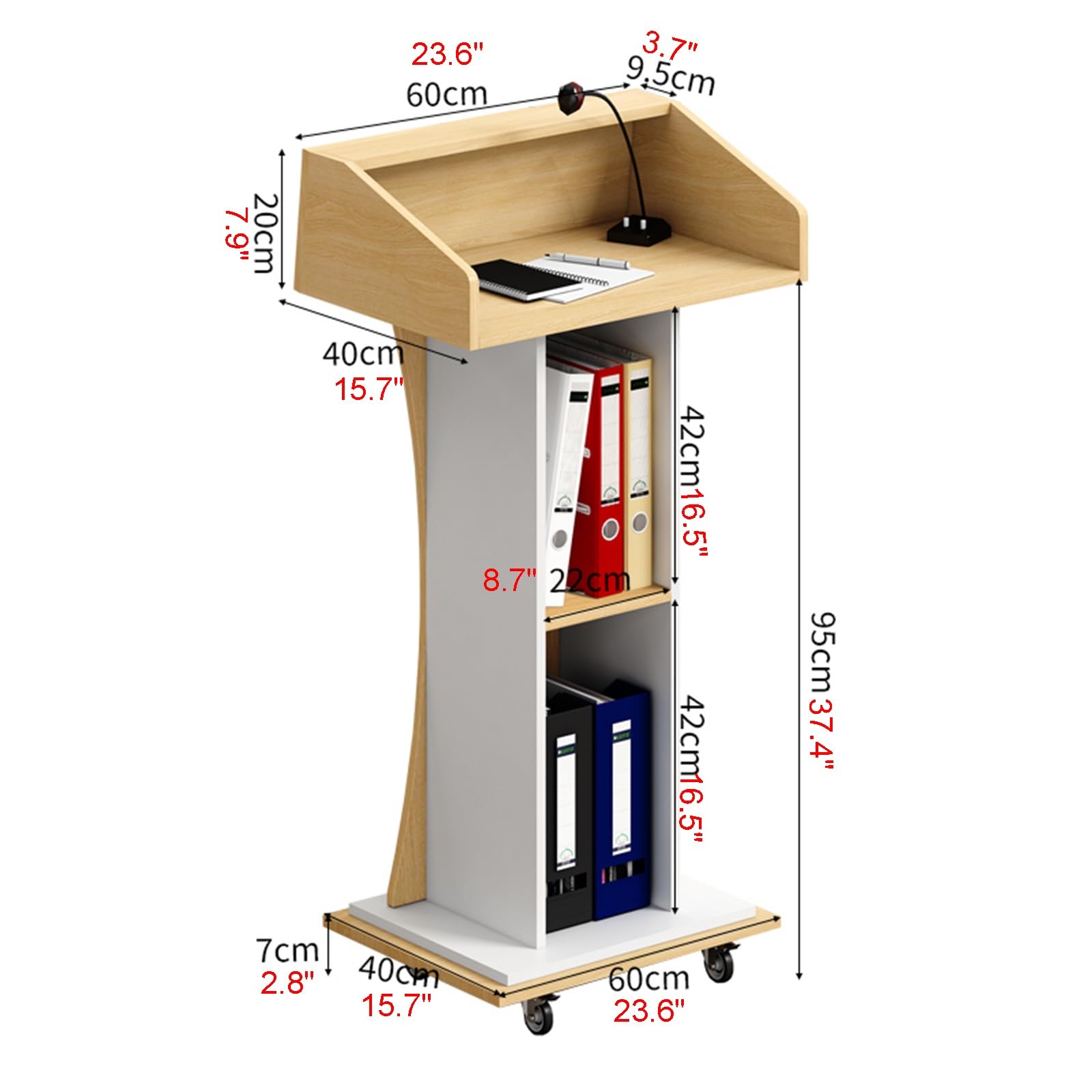 Comptoir de Réception en Bois Pupitre de Bureau Podium de Conférence Panneaux Épais de 16mm Étagères de Rangement à Deux Niveaux à Hauteur Réglable roulettes Pivotantes Verrouillables(Gray)