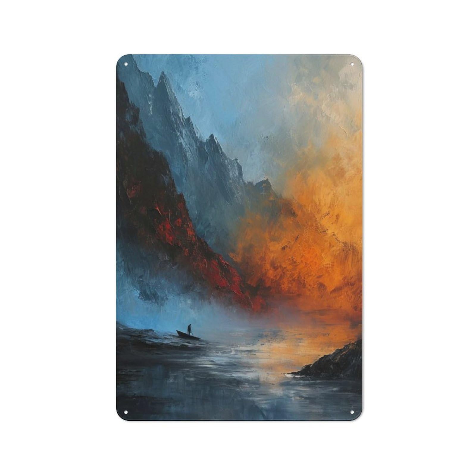 Abstract Mountain Lake Painting Workshop Style Metal Wall Decor 30x20cm, Decorative Metal Plaque for Garage, Workshop, Shed Or Utility Room