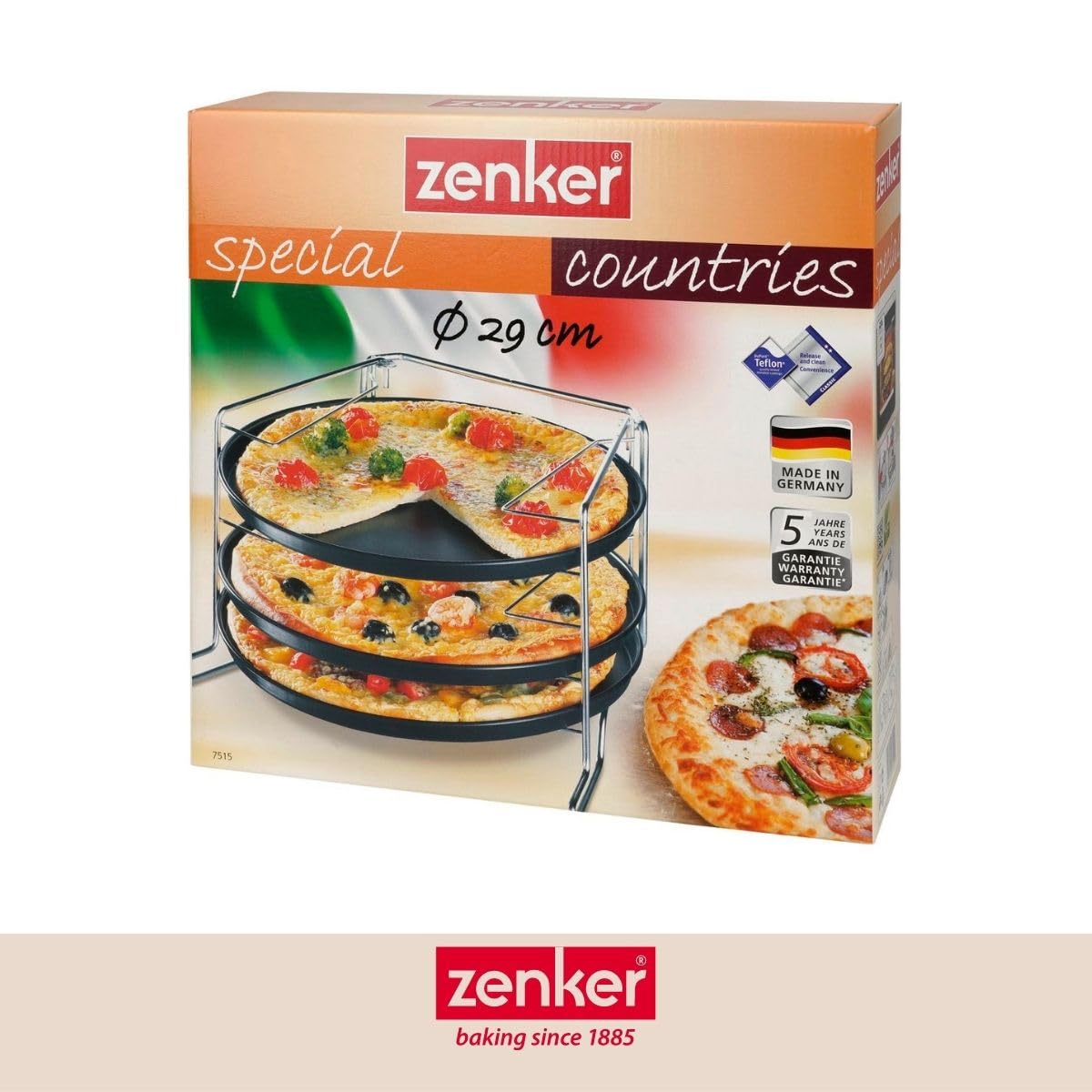 Zenker 7515 Set de cuisson pizza, 3 plaques à pizza et 1 grille four, plaque pizza, plaque de cuisson pour pizza, plat pizza four, moule pizza, Acier, Noir, 29 x 1,5 cm
