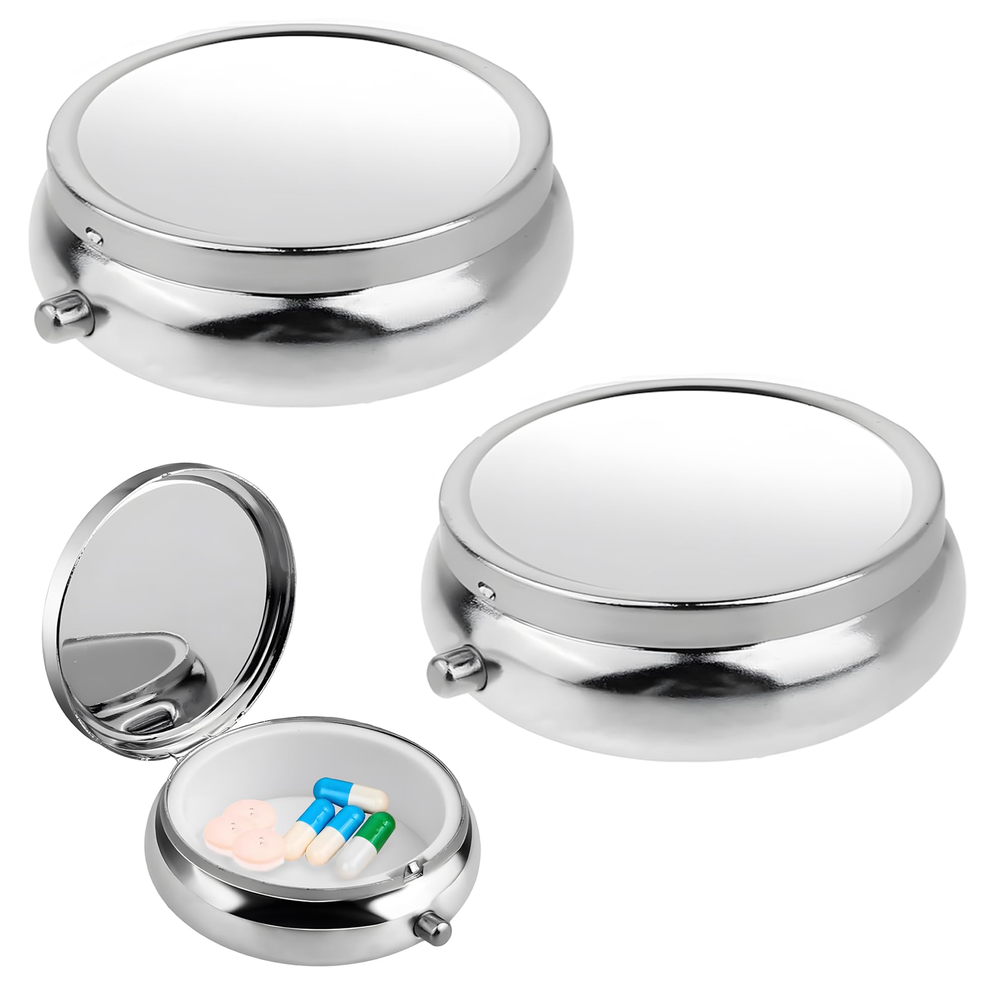 – Portable Small Pill Box & Tablet Organiser – Waterproof Metal Pill Case for Daily Medication, Travel, Home, Work & Camping, Silver Round Mini Pill Box Container, Daily Medication Holder (2 Pack)