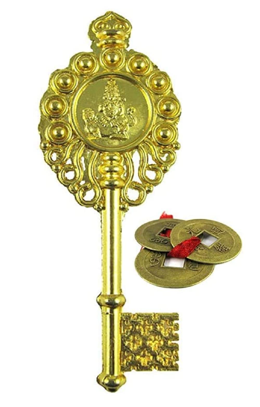 Feng Shui Kuber Kunji Key Chabi Metal Gold Plated 4 Inches with 3pc Brass Good Luck Fortune Coins Health,Wealth,Success and Prosperity