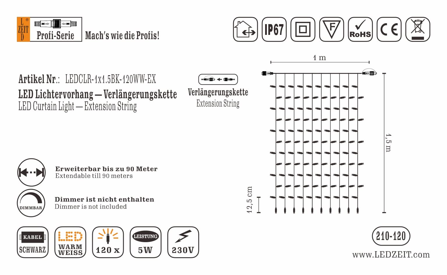 Profi Serie - Rideau lumineux LED extérieur et intérieur, guirlande d'extension sans câble d'alimentation, 1 x 1,5 m, lumière constant, blanc chaud, max. 90 m, IP67, pour Noël, decoration